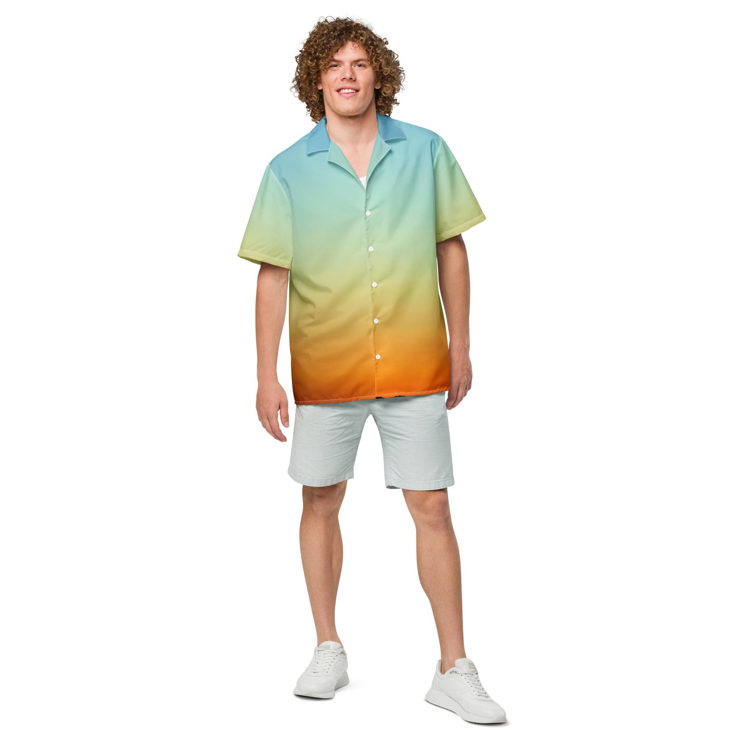 PJ Designs summer short sleeve unisex shirt with a gradient blue green and orange color pattern