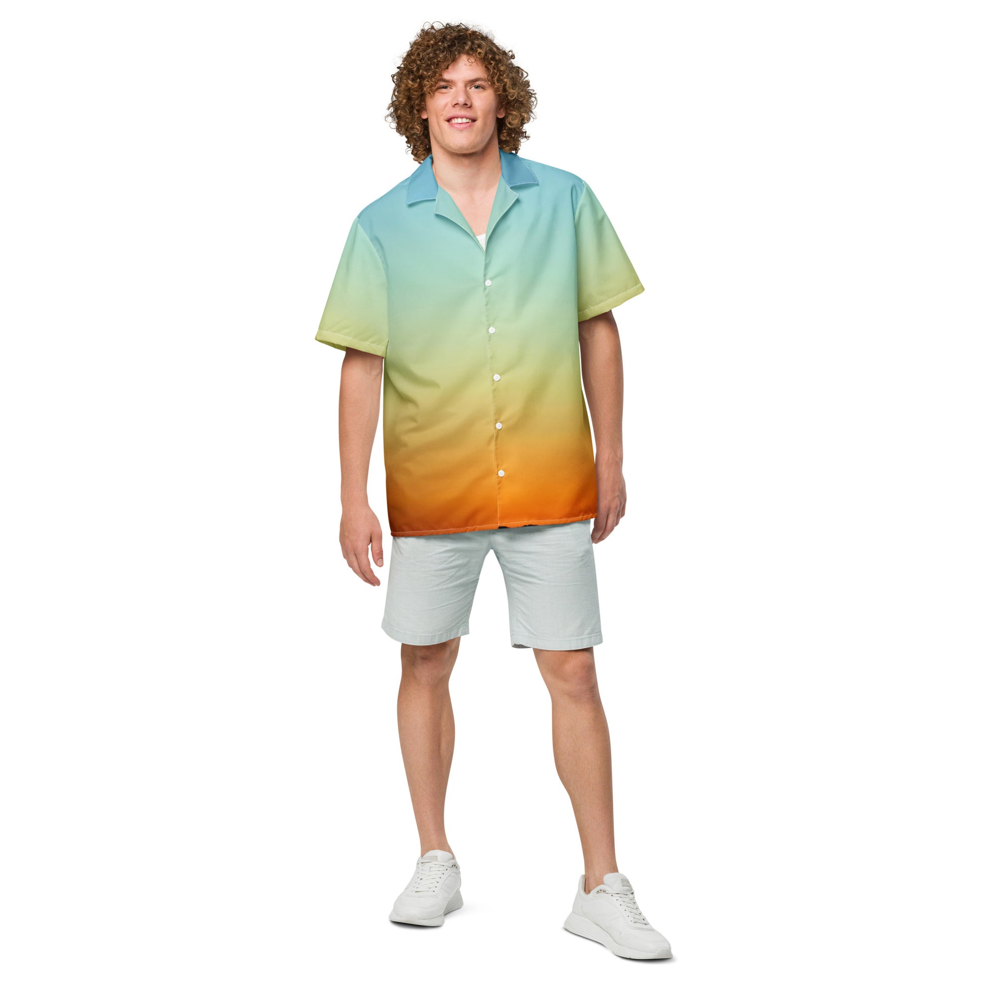 PJ Designs summer short sleeve unisex shirt with a gradient blue green and orange color pattern