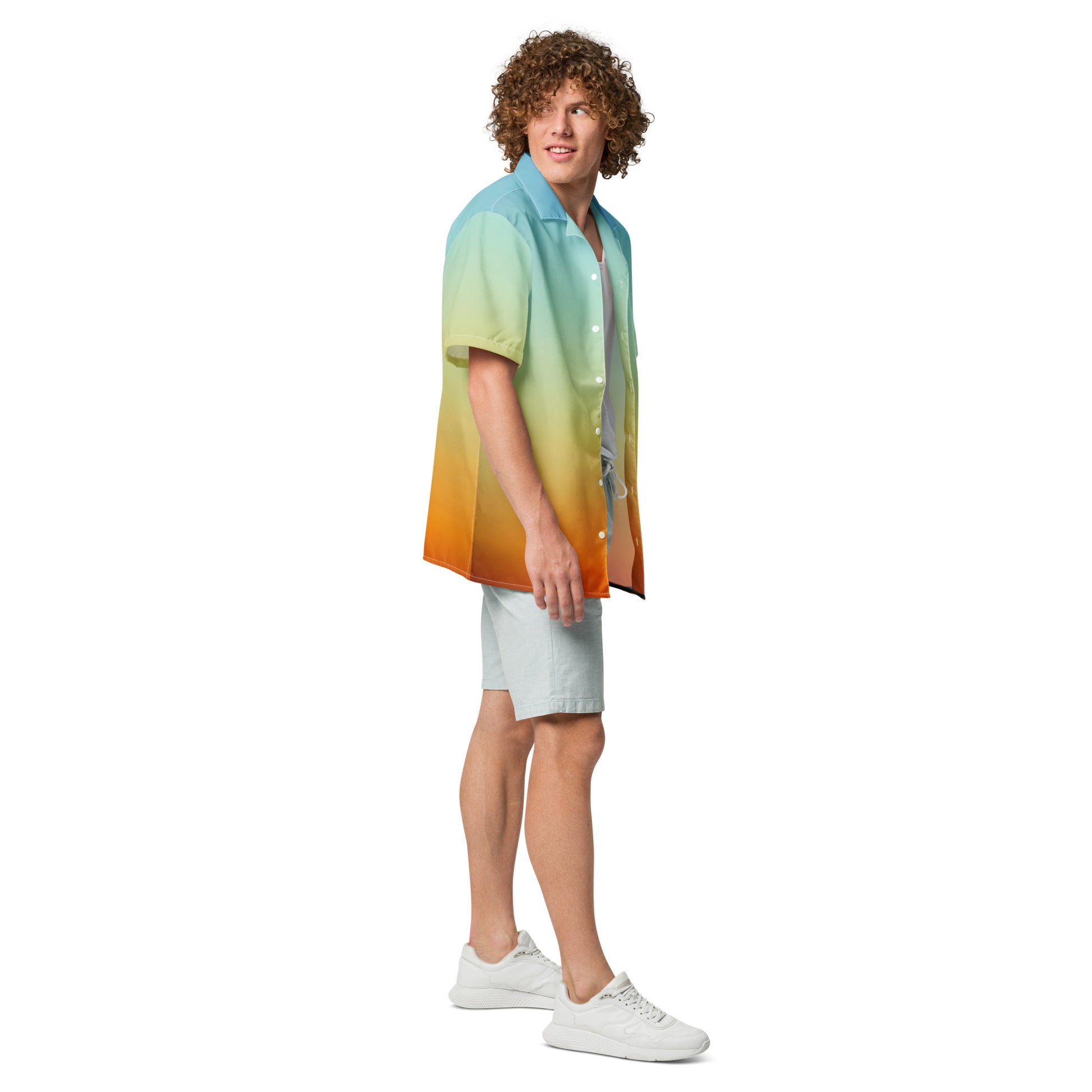 PJ Designs summer short sleeve unisex shirt with blue green and orange gradient worn by male model