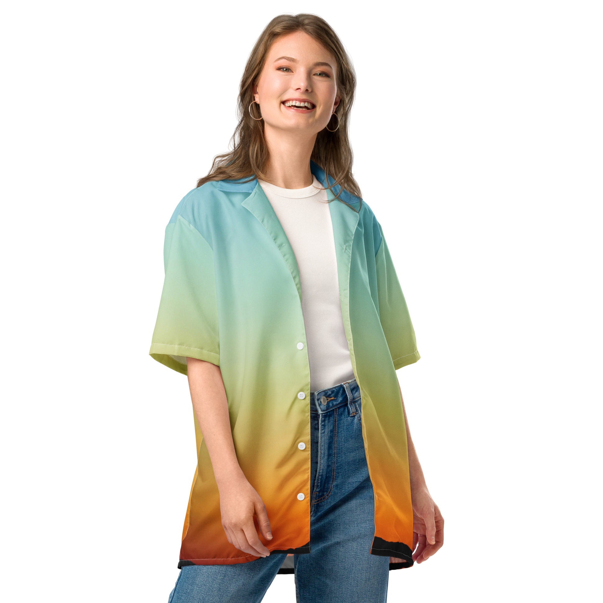 PJ Designs summer short sleeve unisex shirt with gradient blue green and orange colors worn by smiling woman