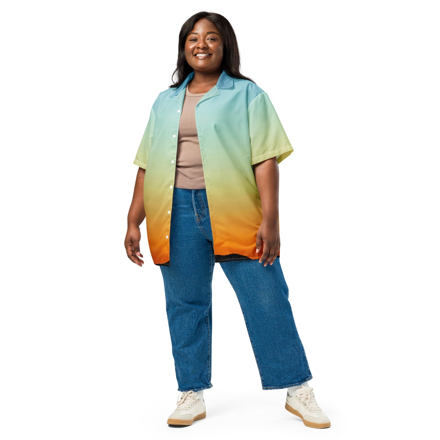 PJ Designs summer short sleeve unisex shirt with gradient blue green and orange colors worn by smiling model