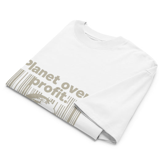 PJ Designs sustainable unisex fashion shirt white T-shirt with planet over profit graphic