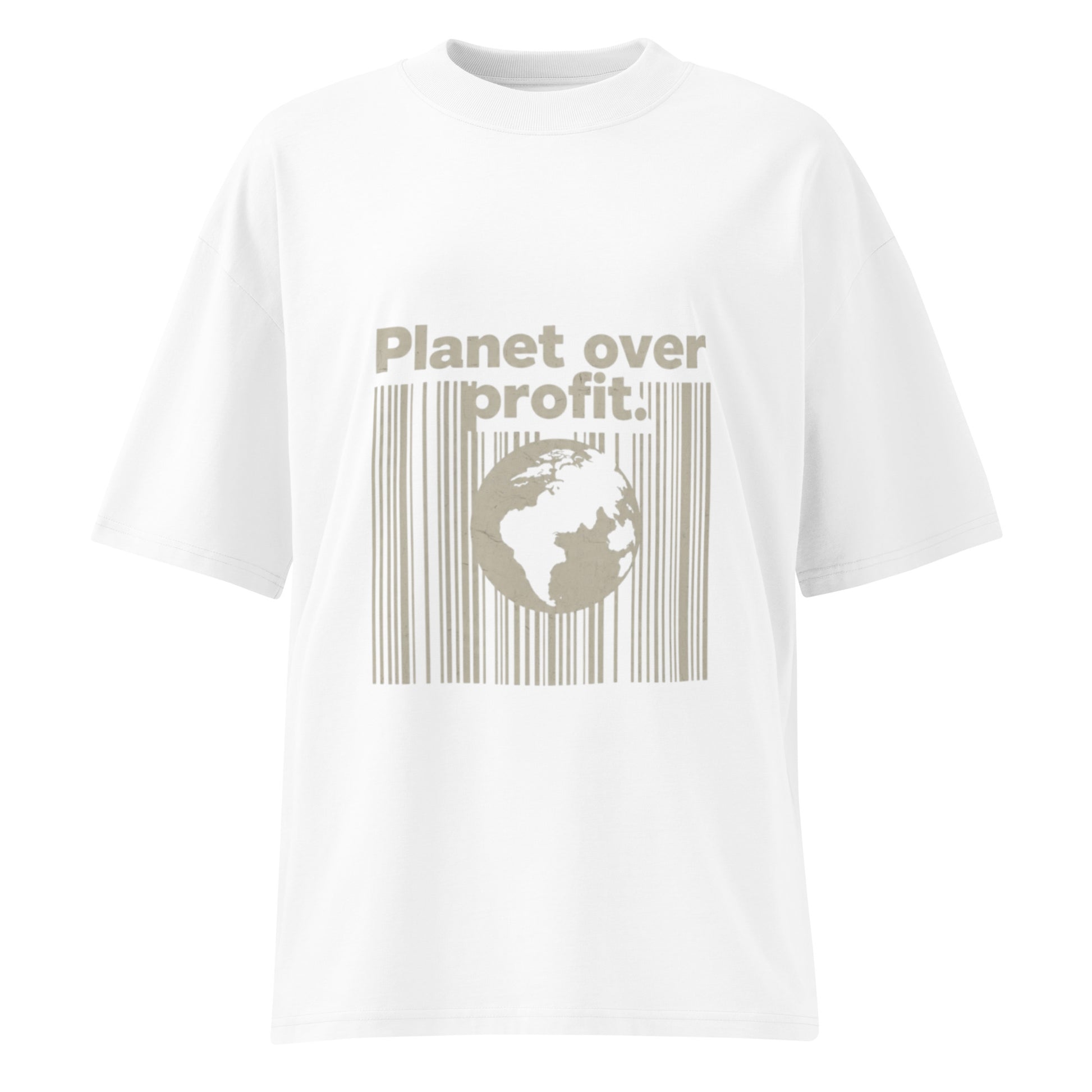PJ Designs white sustainable unisex fashion shirt with Planet over profit graphic and earth barcode design