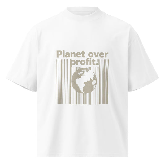 PJ Designs white sustainable unisex fashion shirt with Planet over profit graphic and earth design