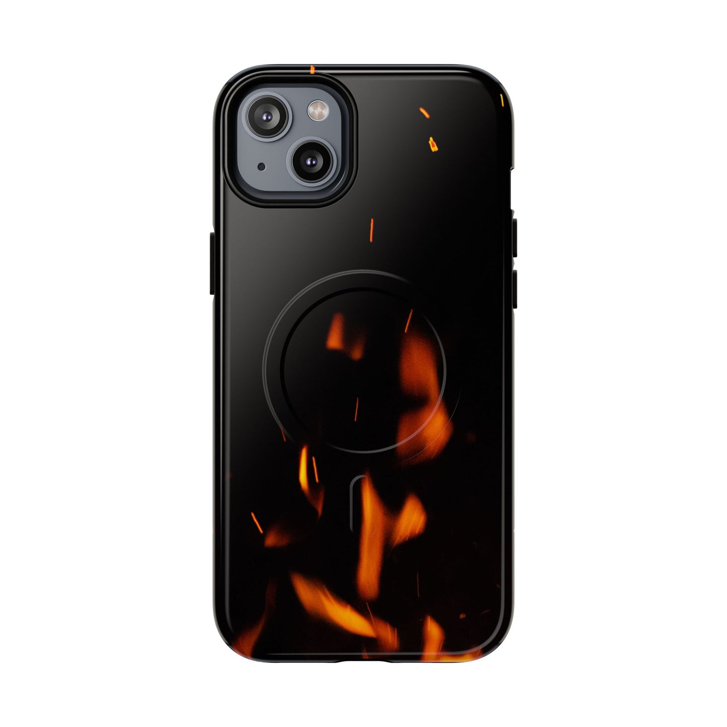 PJ Designs tough flame design phone case with fiery orange flames on black background for smartphone protection