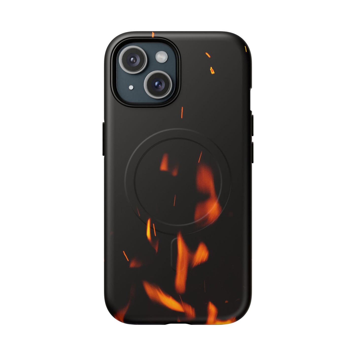PJ Designs tough flame design phone case with black background and orange flame details for phone protection