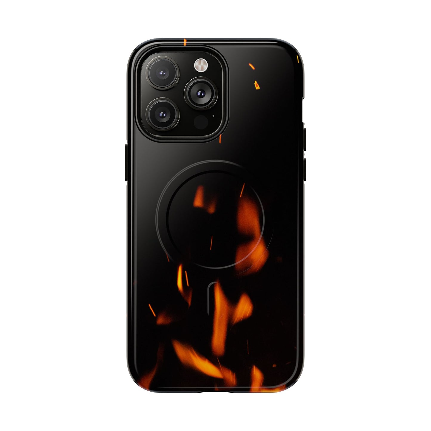 PJ Designs tough flame design phone case with fiery orange flames on black background for iPhone