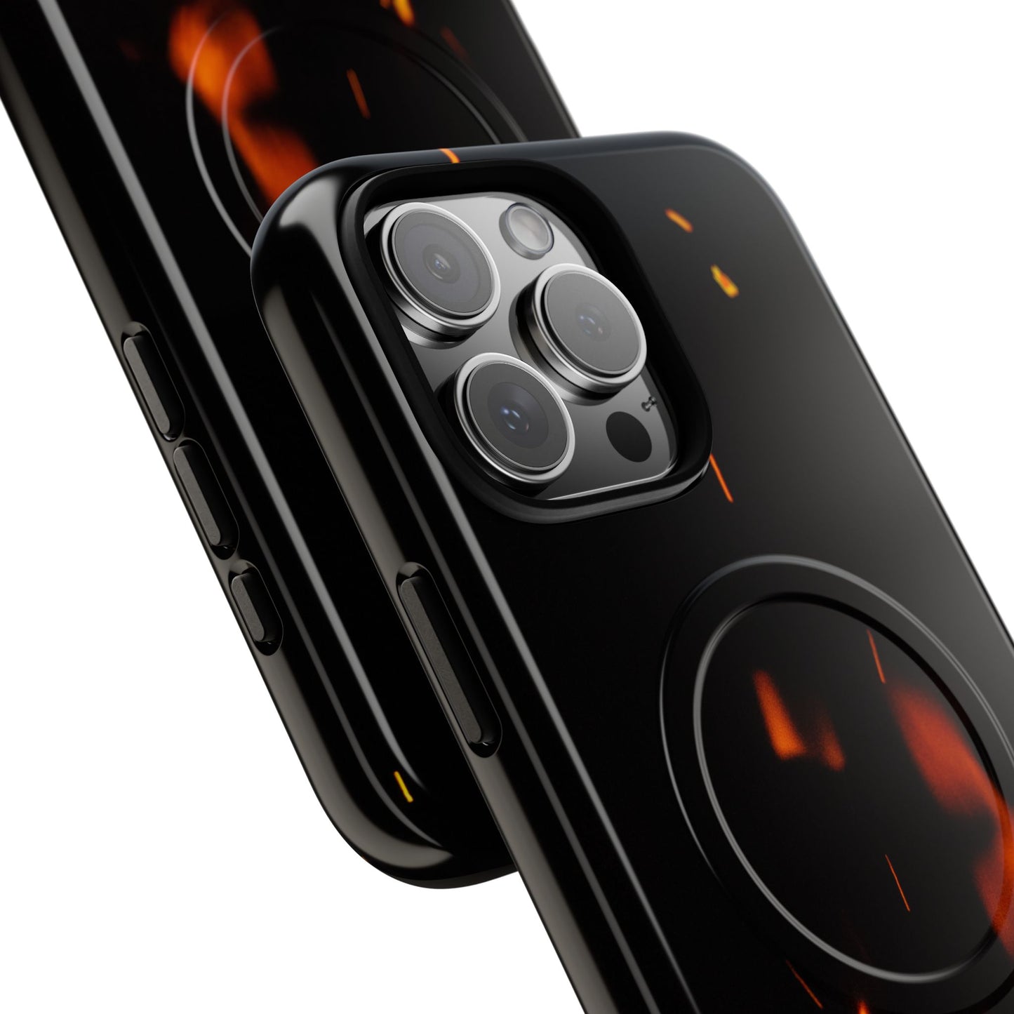 PJ Designs tough flame design phone case with sleek black finish and fiery orange accents for iPhone