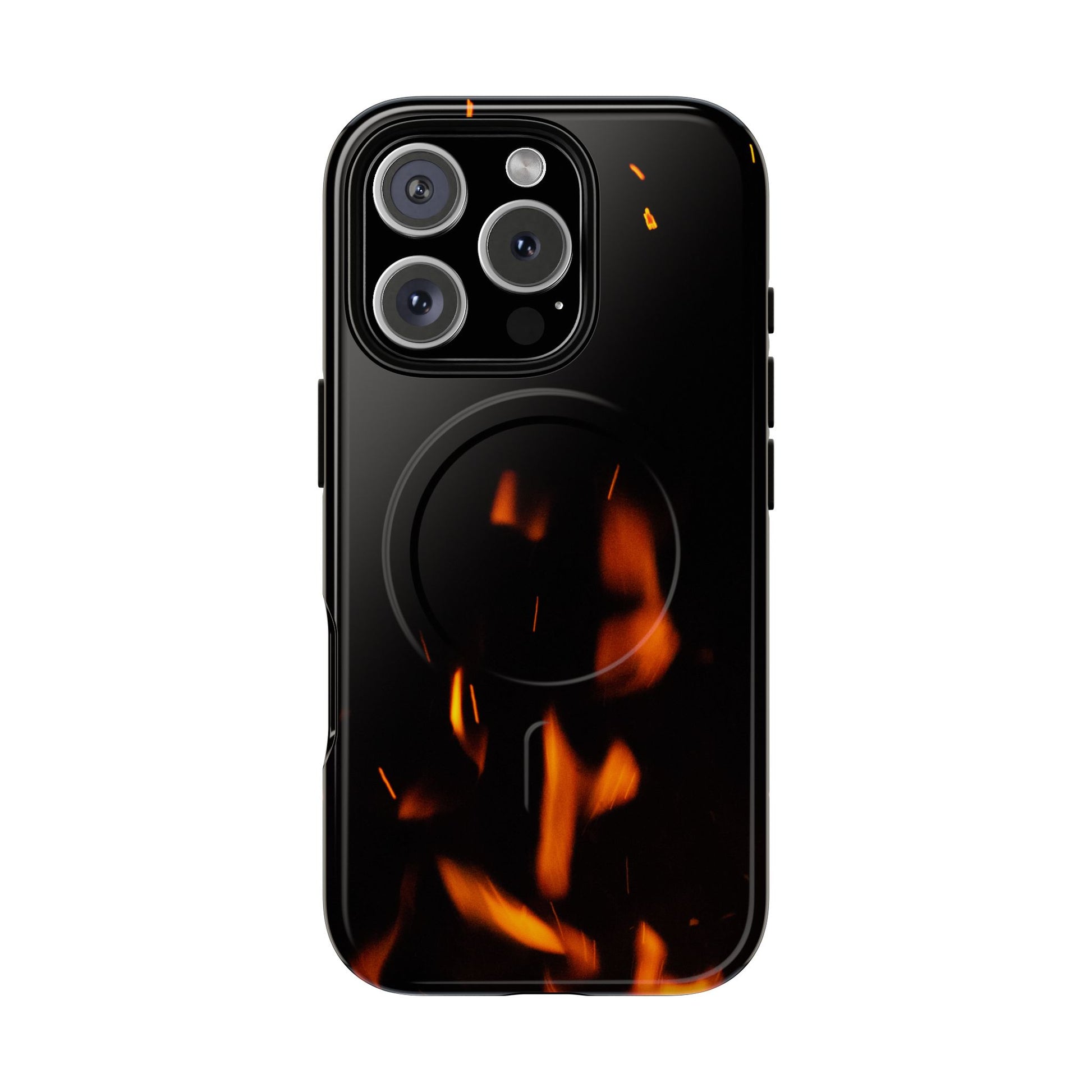 PJ Designs tough flame design phone case with fiery orange flames on a black background