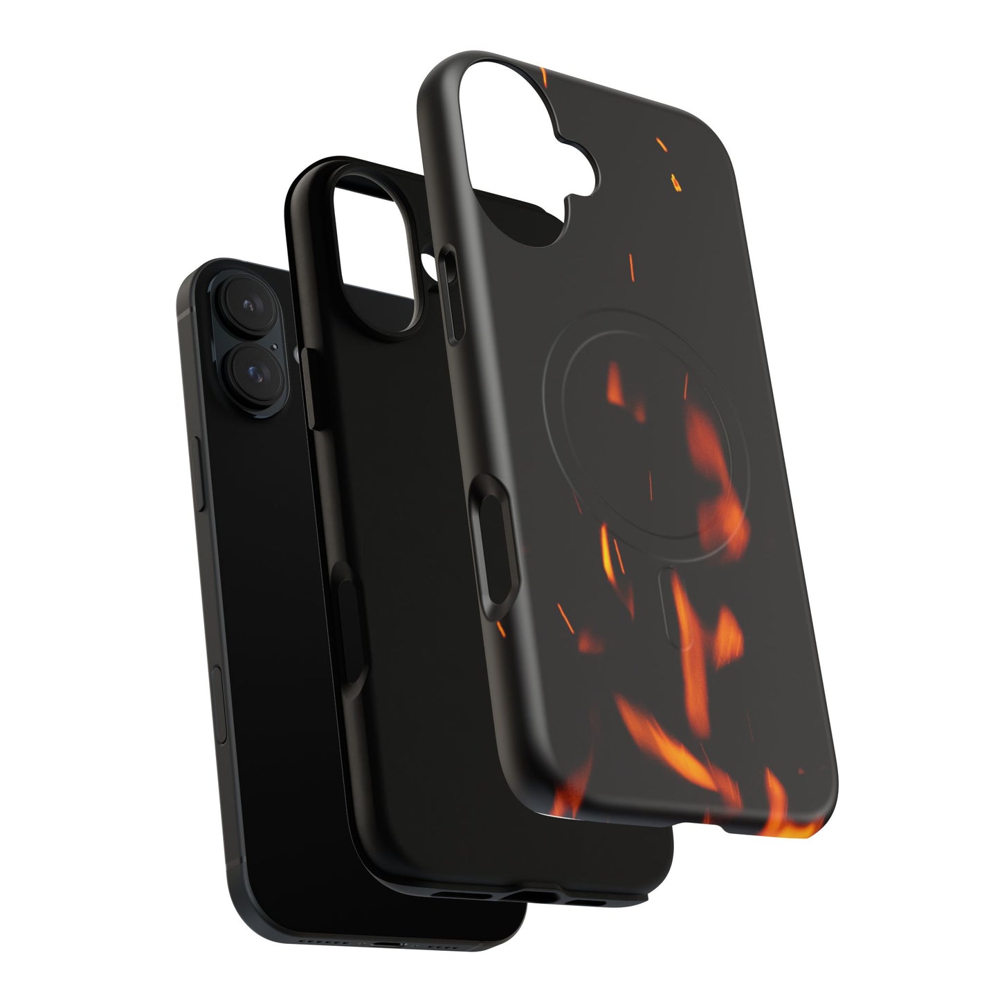 PJ Designs tough flame design phone case with black background and orange flames for iPhone