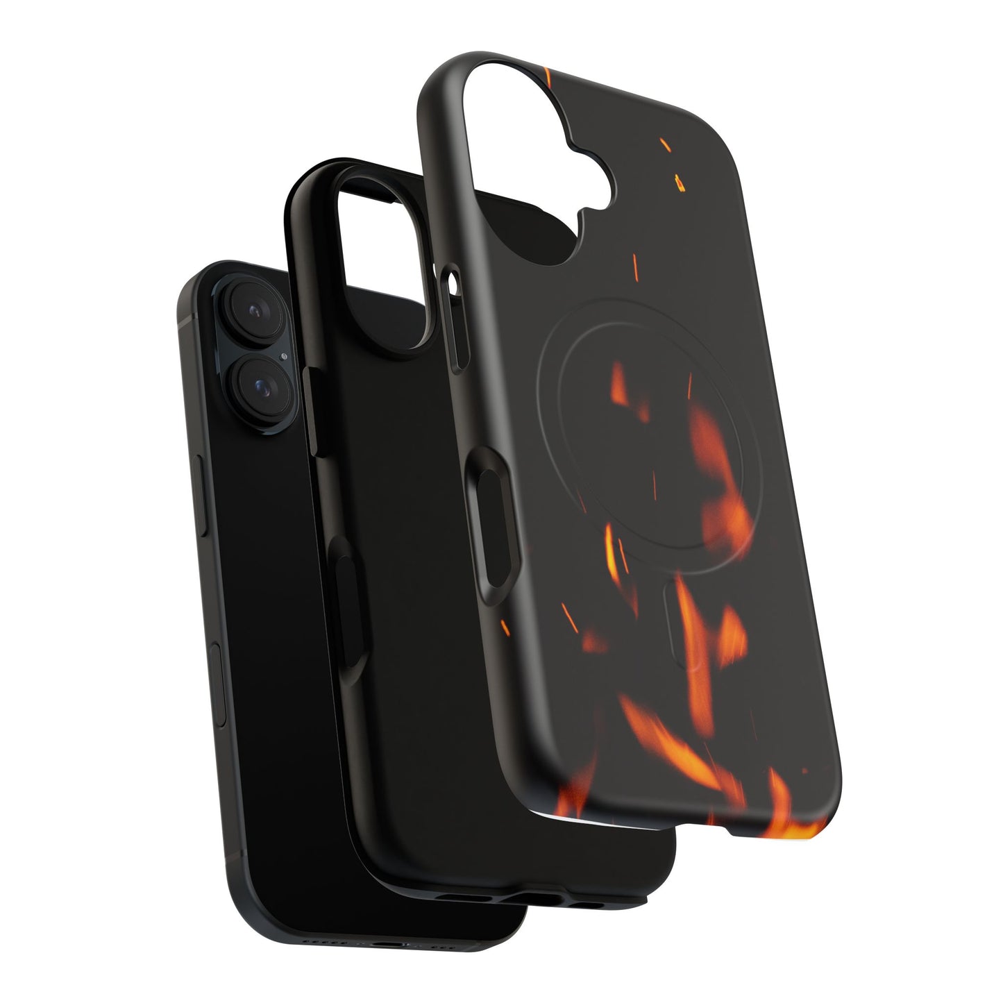 PJ Designs tough flame design phone case with black and orange flame pattern on black phone