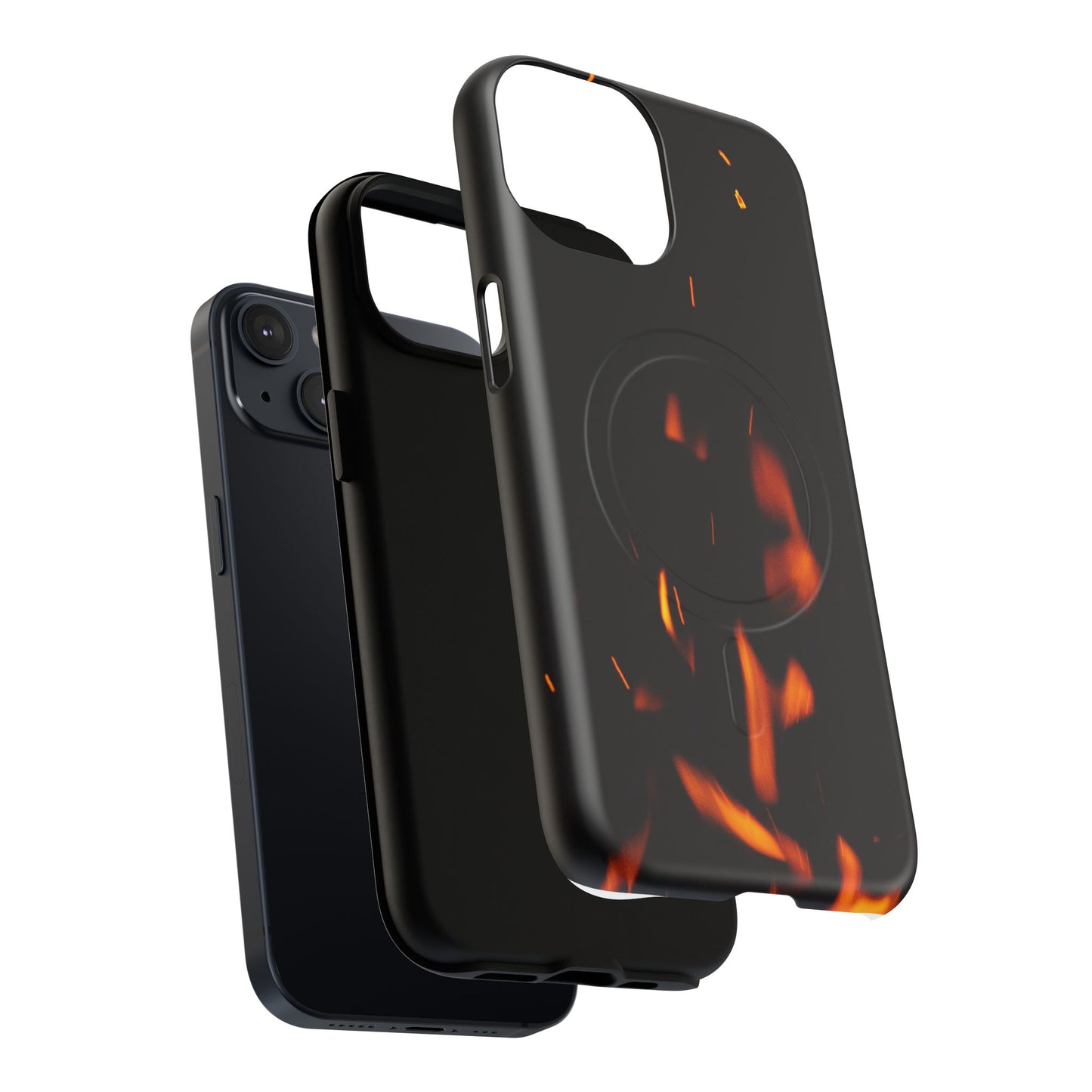 PJ Designs tough flame design phone case with black background and fiery orange flames for iPhone