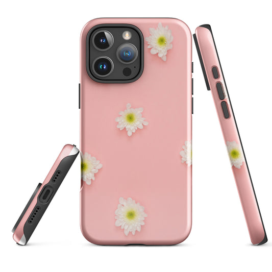 PJ Designs tough iPhone case floral design with pink background and white daisy flowers