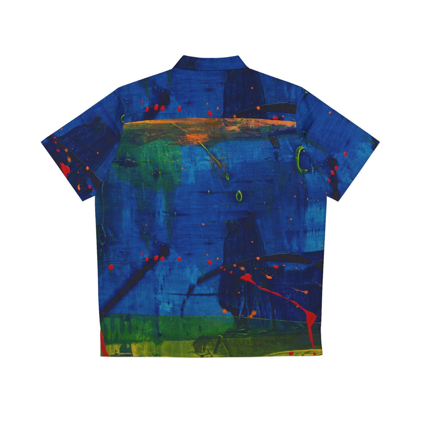 PJ Designs all over prints tropical beach vacation shirt with vibrant blue and green abstract patterns