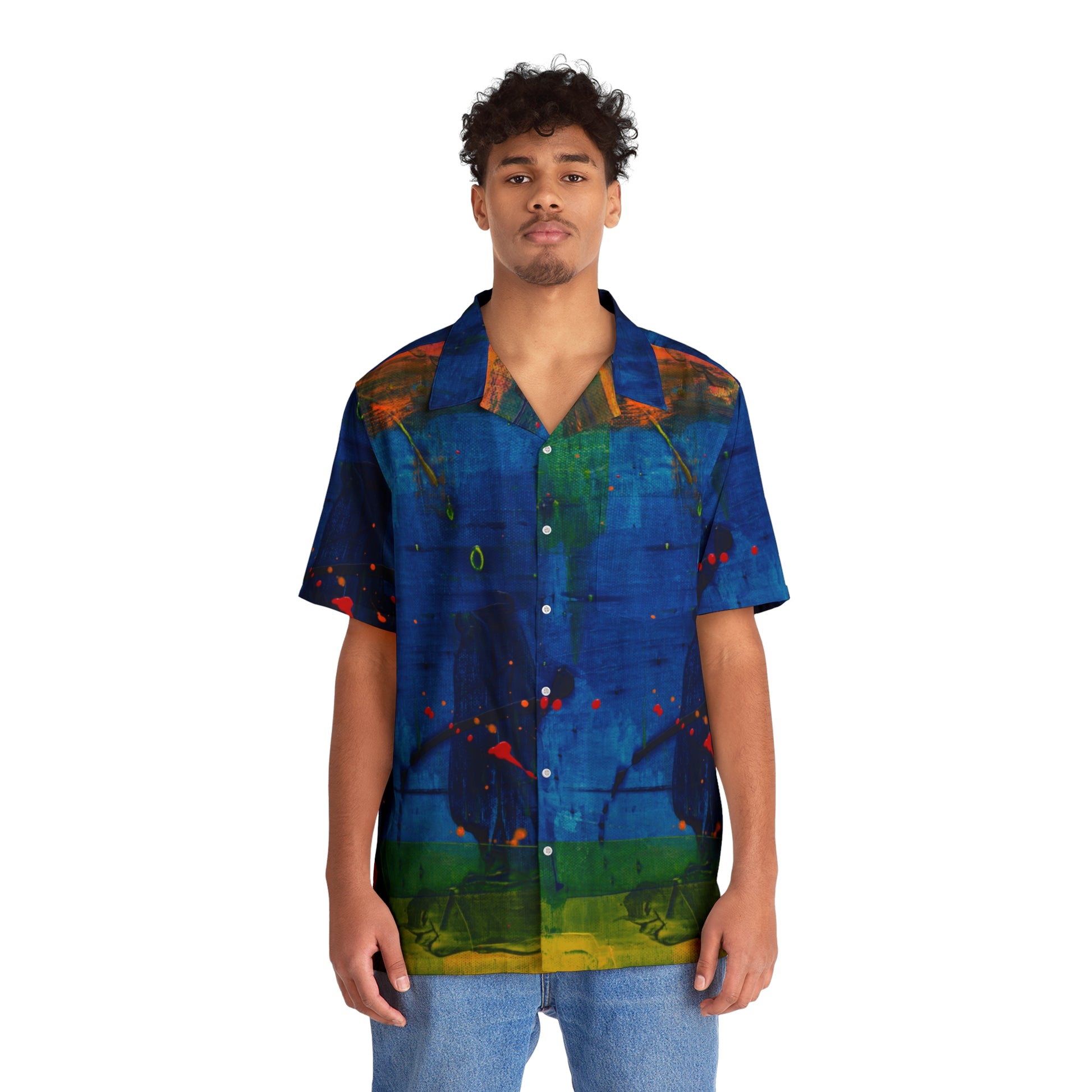 PJ Designs tropical beach vacation shirt with vibrant all over prints on a relaxed fit short sleeve