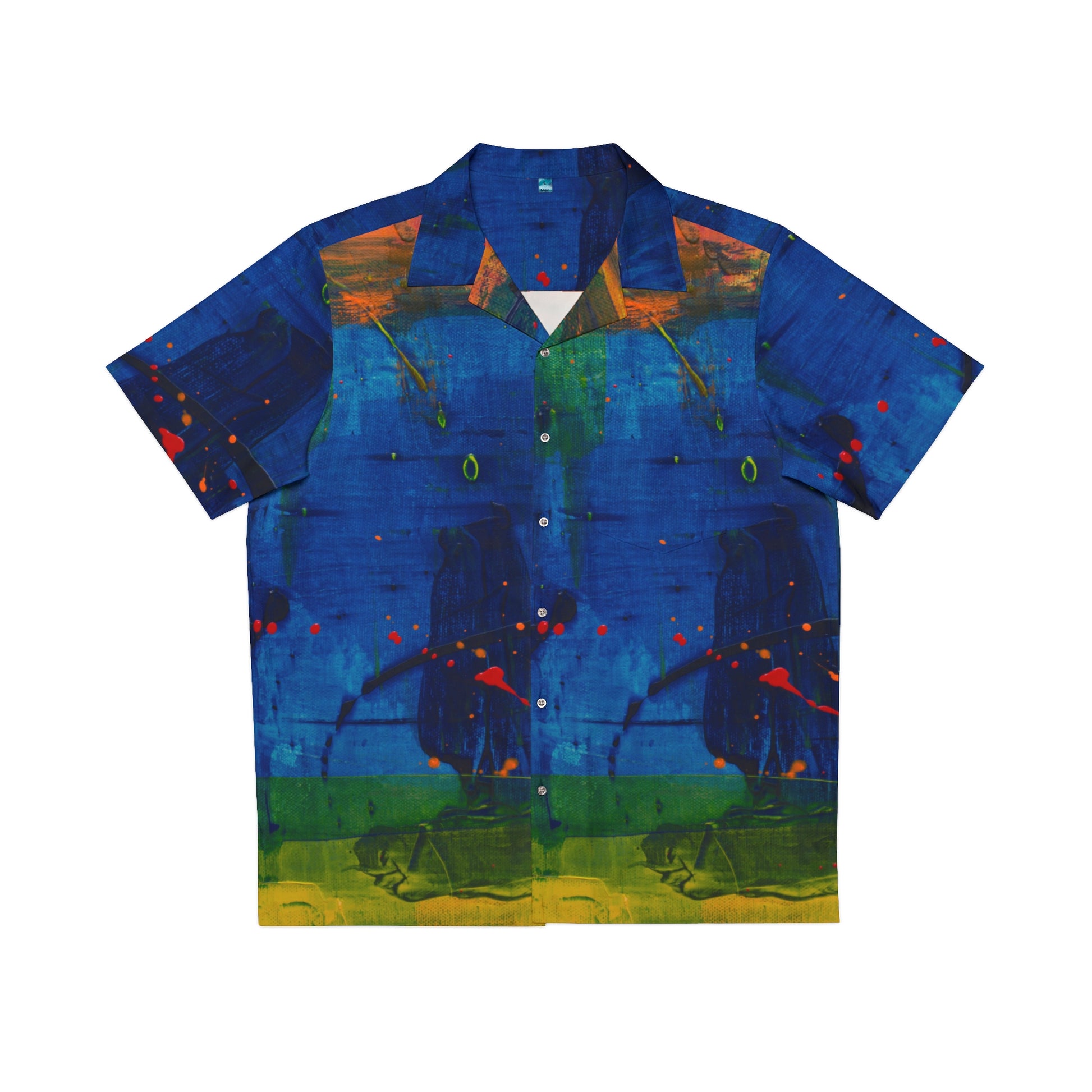 PJ Designs vibrant tropical beach vacation shirt with blue green and orange abstract all over print