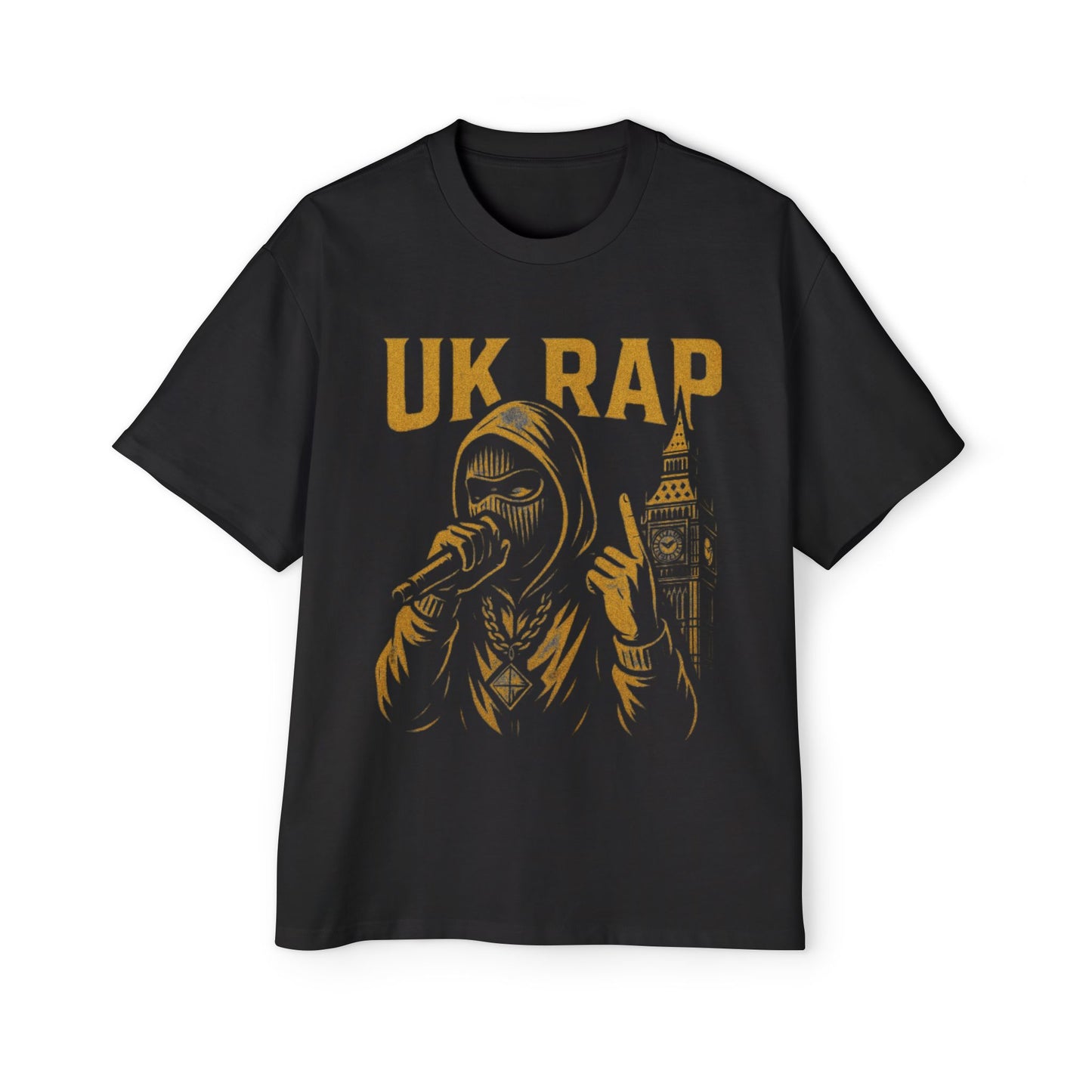 Black UK rap oversized tee with graphic of masked rapper and Big Ben design by Printify