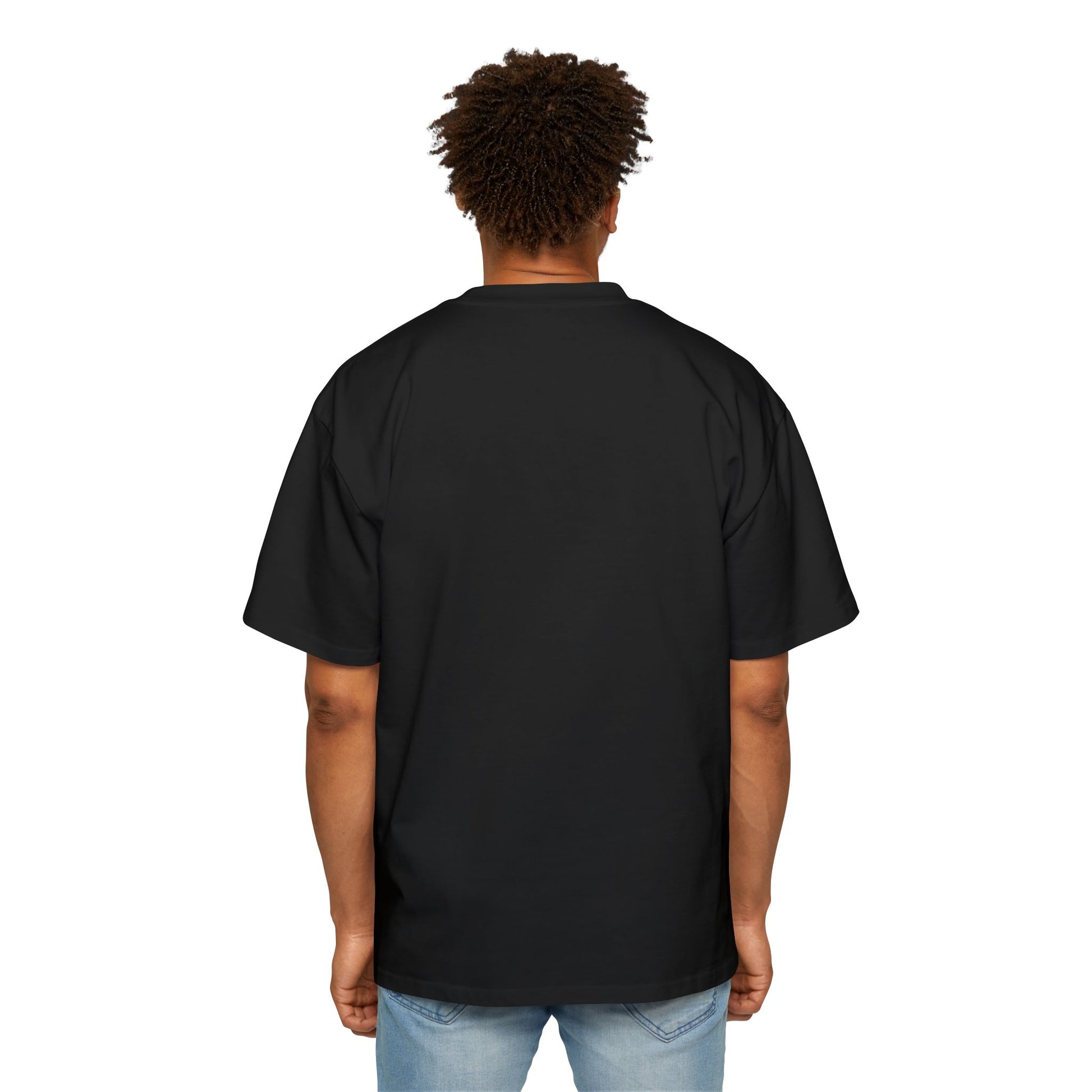 Back view of a person wearing a black UK rap oversized tee from Printify with loose fit and short sleeves