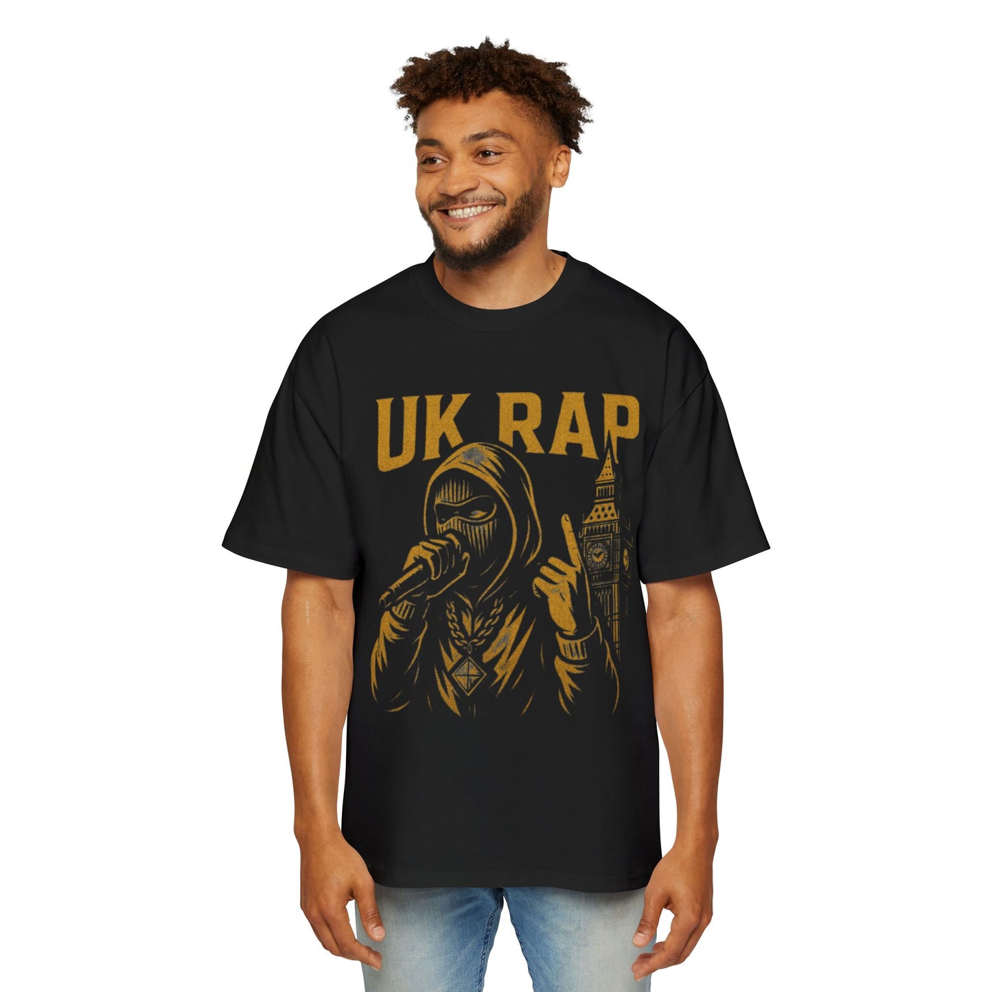 Black UK rap oversized tee featuring a graphic of a masked rapper and Big Ben in gold print
