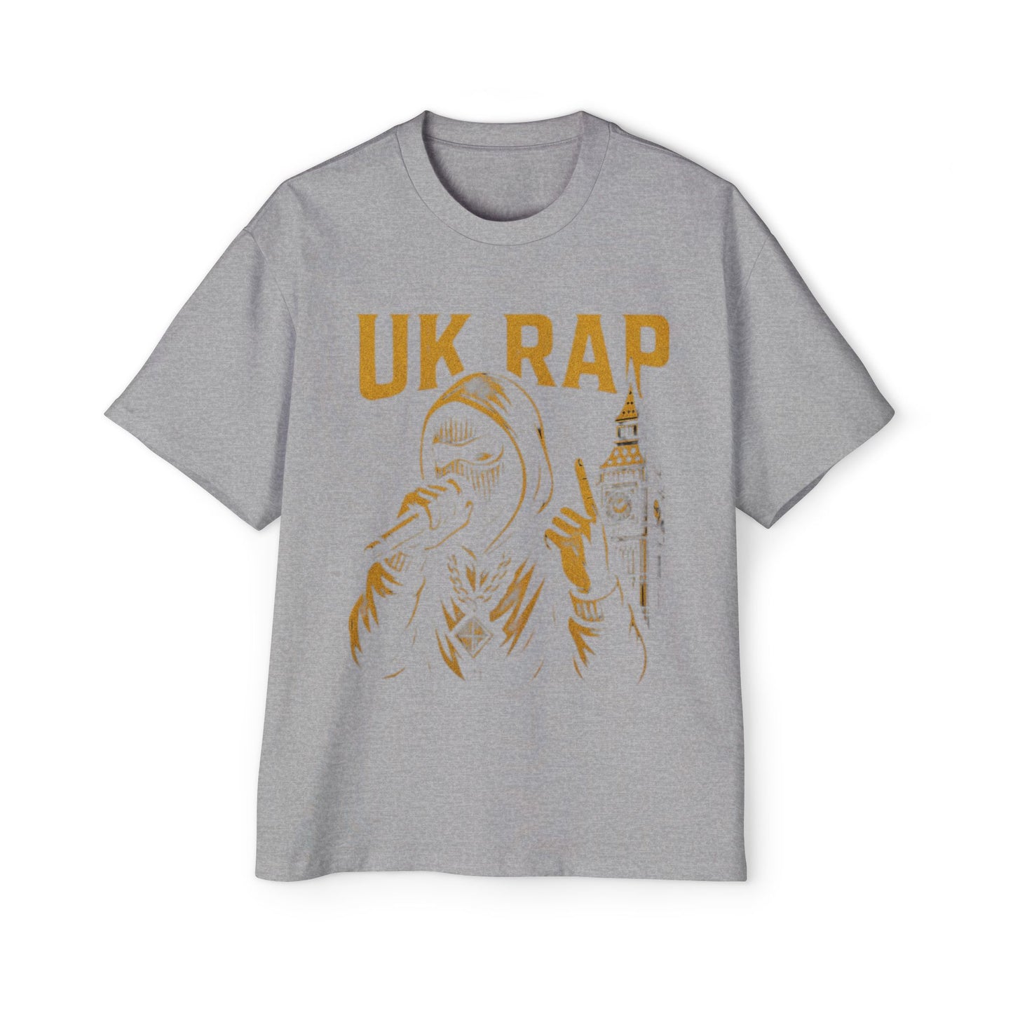 Gray Printify UK rap oversized tee with yellow graphic of masked rapper and Big Ben illustration