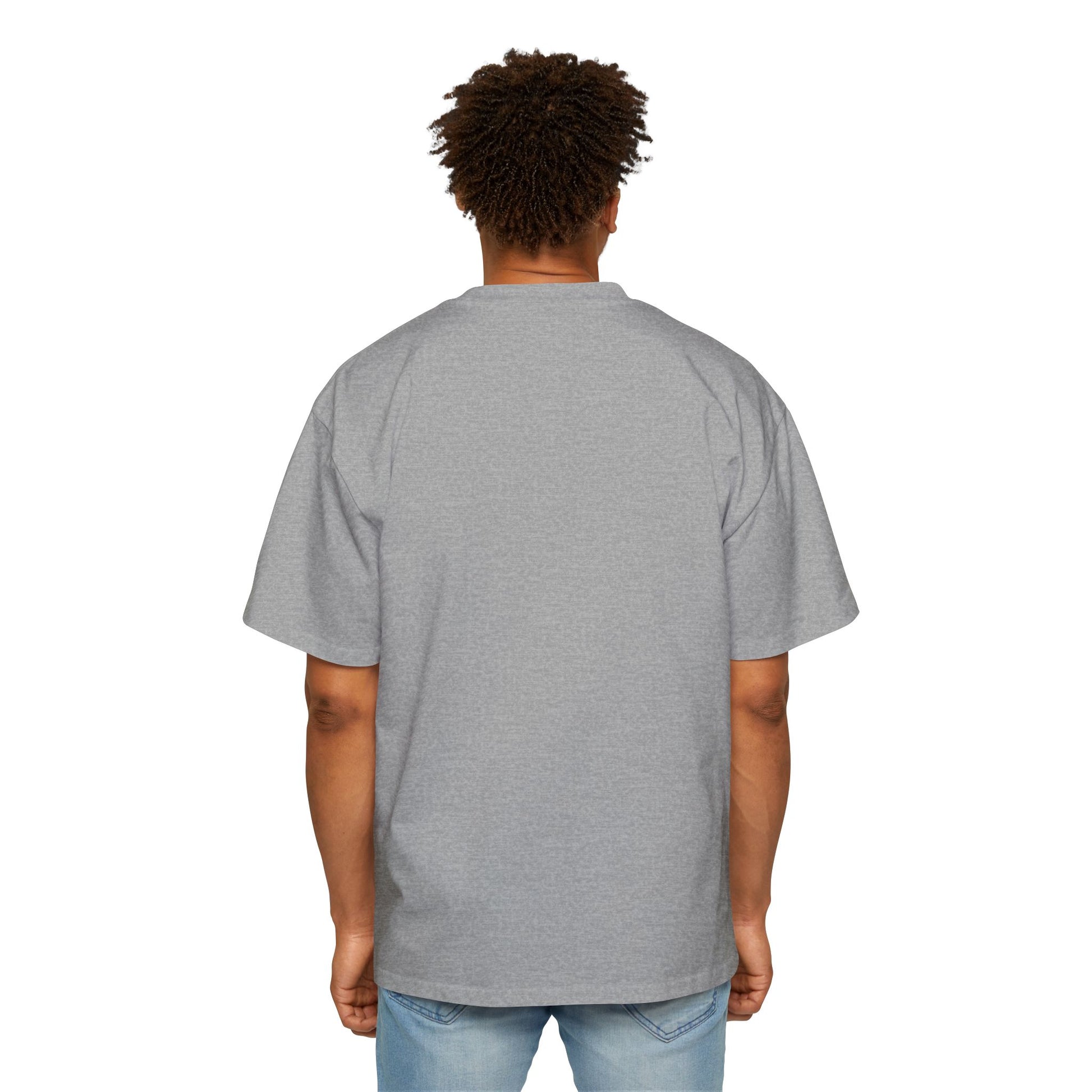 Back view of man wearing gray UK rap oversized tee by Printify with relaxed fit and short sleeves