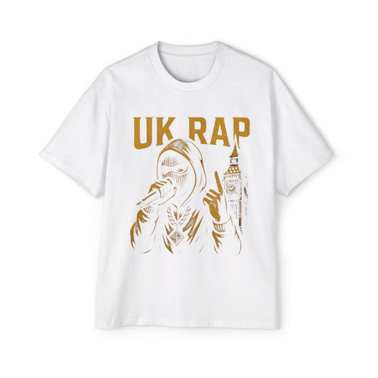 White Printify UK rap oversized tee with graphic of masked rapper and Big Ben in gold