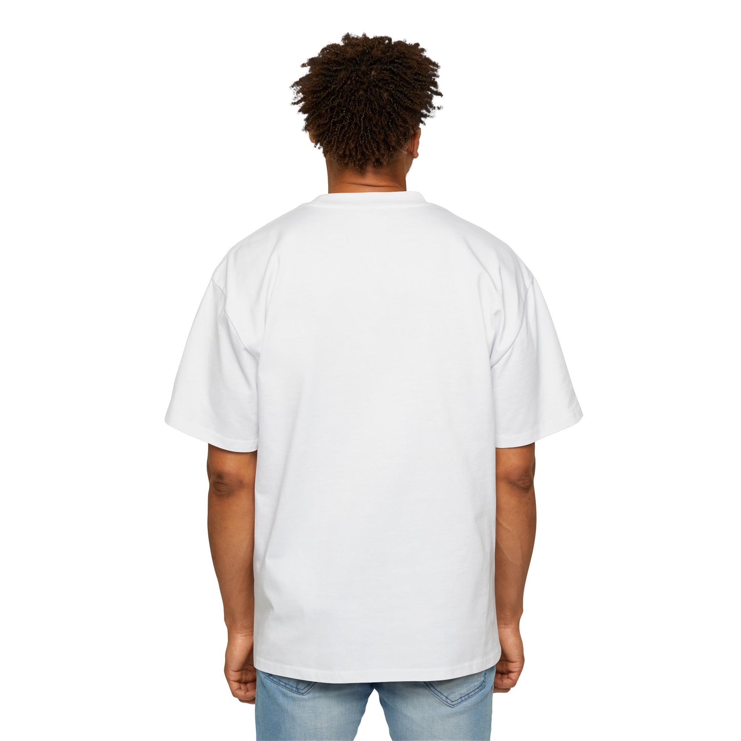 Back view of a man wearing a white UK rap oversized tee from Printify with a relaxed fit