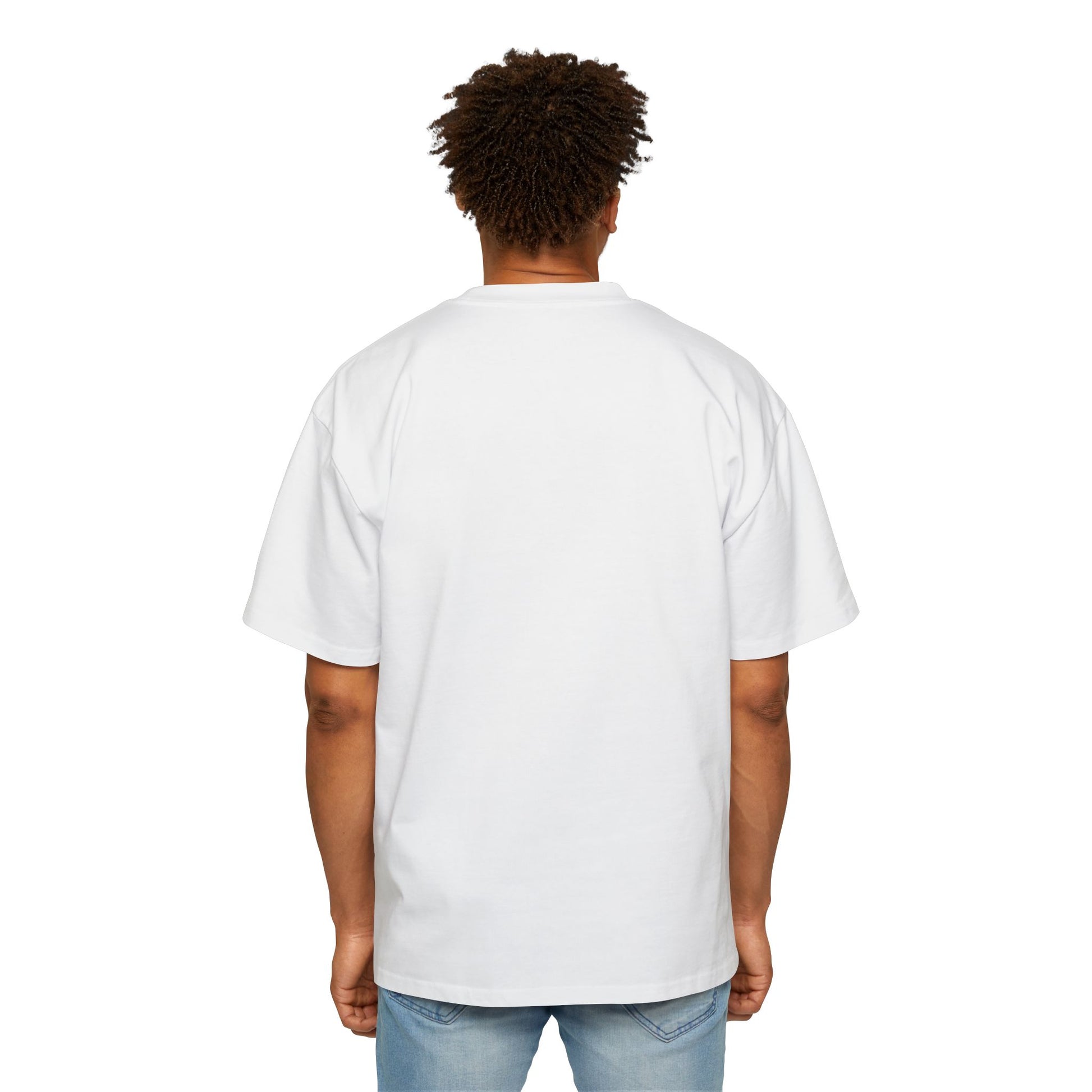 Back view of a man wearing a white UK rap oversized tee from Printify with a relaxed fit