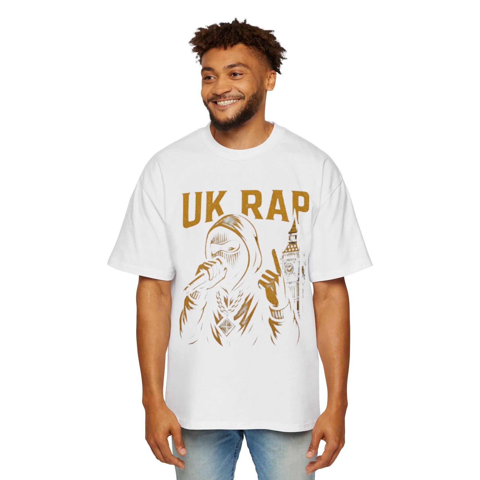 White UK rap oversized tee by Printify featuring graphic of a rapper and Big Ben on a smiling male model
