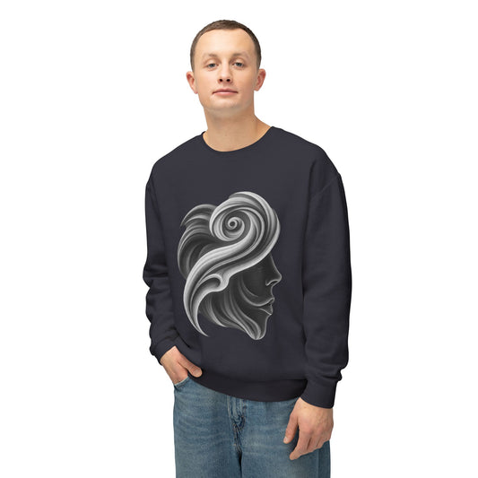 PJ Designs sweatshirt with unique face print sweater for everyday featuring artistic black and white profile design