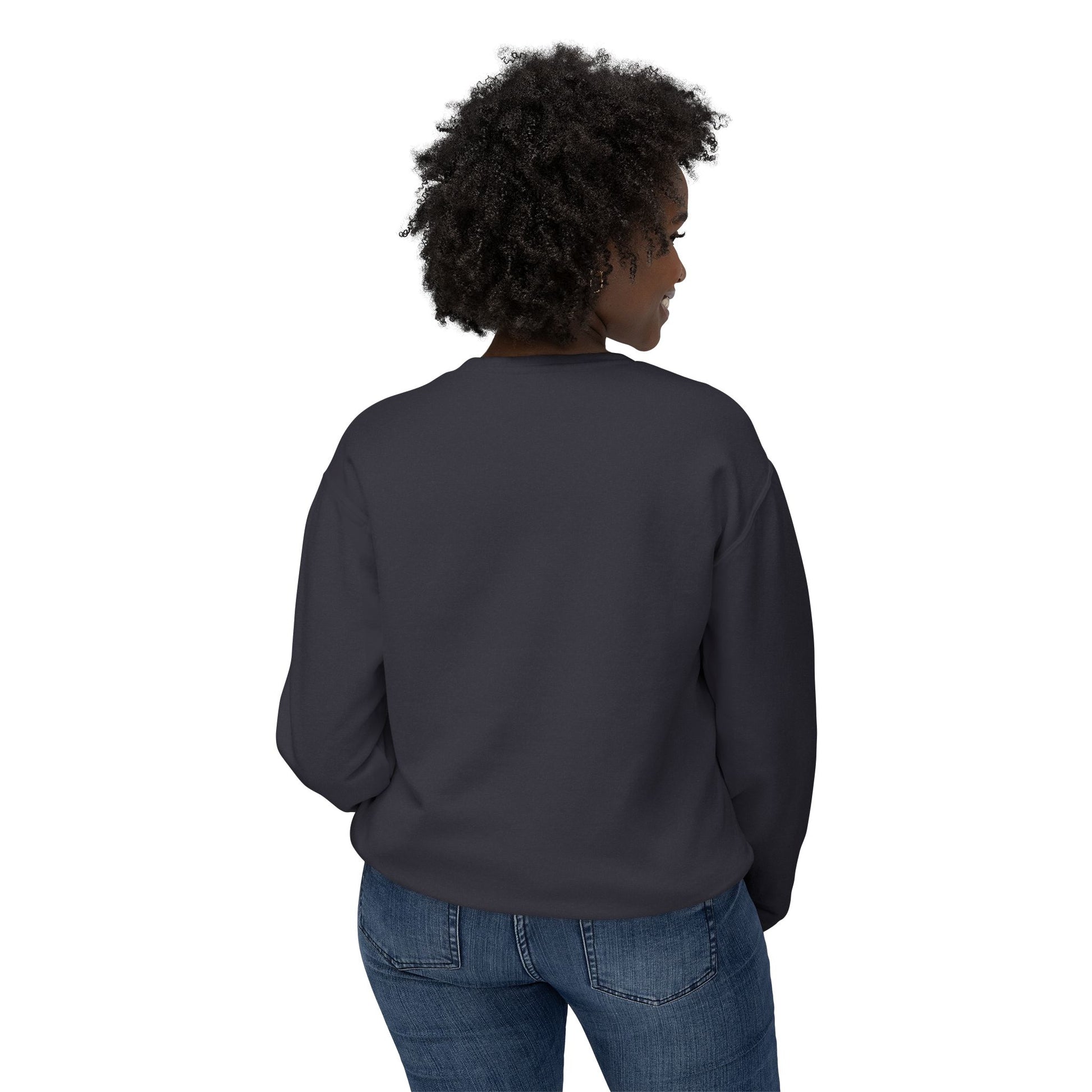 PJ Designs sweatshirt shown from back in black featuring unique face print sweater for everyday casual wear