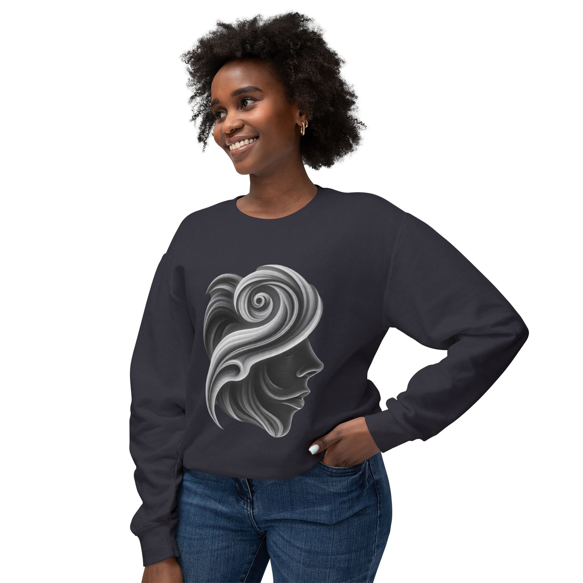 PJ Designs unique face print sweater for everyday in black with artistic profile design on front