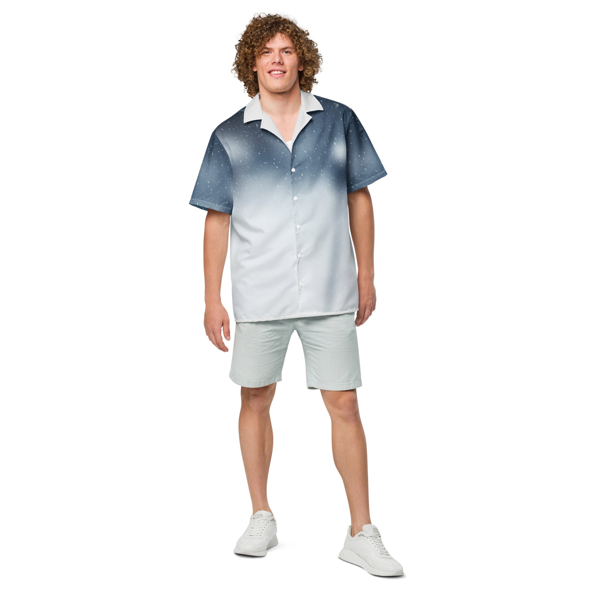 PJ Designs unisex casual button shirt in a blue and white gradient worn by a man with shorts and white sneakers