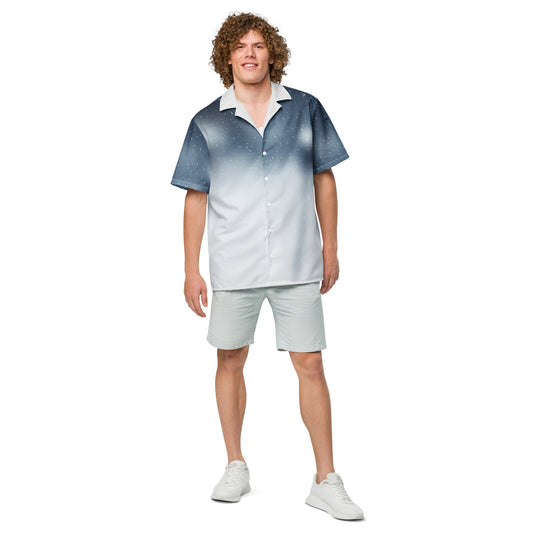 PJ Designs unisex casual button shirt in a blue and white gradient worn by a man with shorts and white sneakers