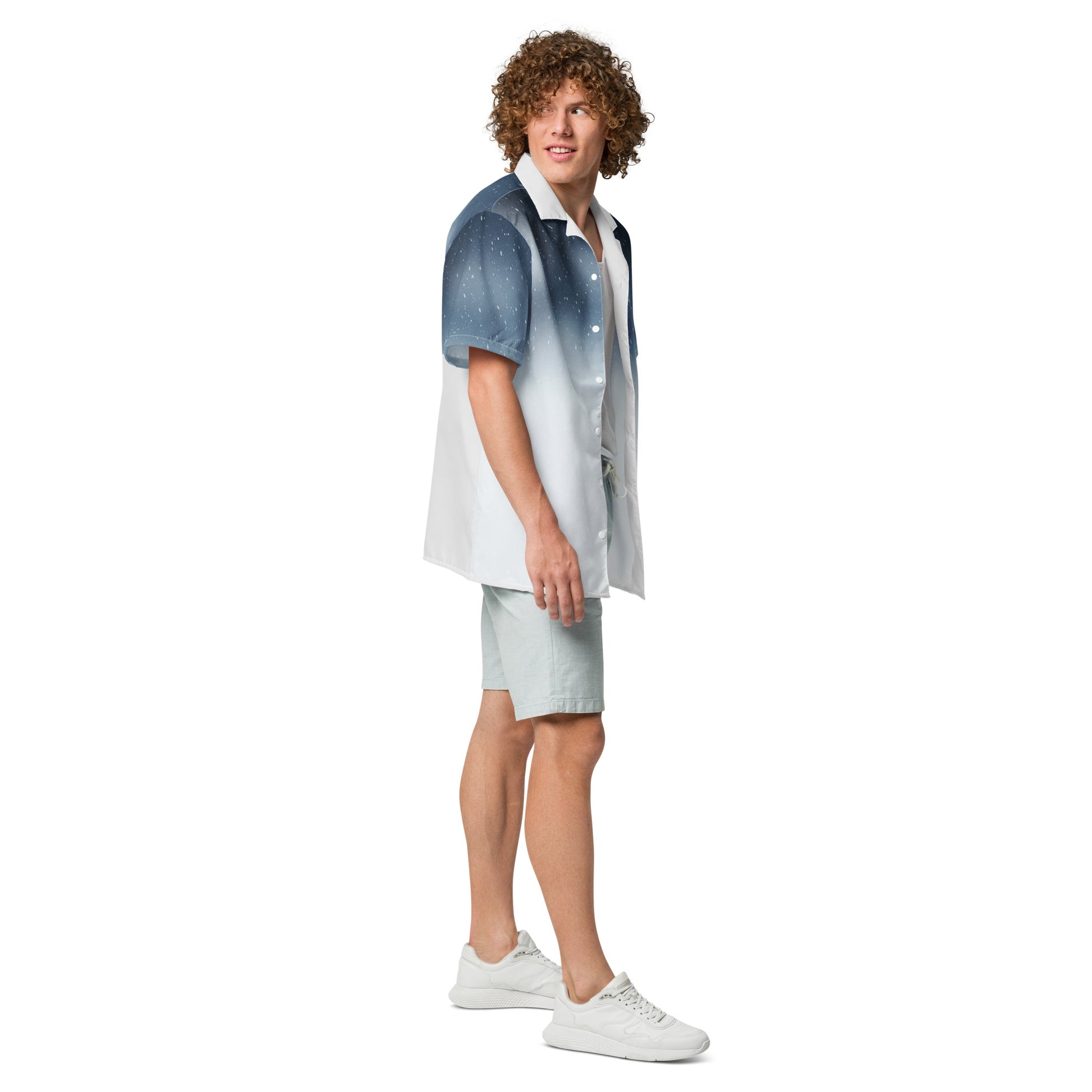 Young man wearing PJ Designs unisex casual button shirt with blue and white gradient design