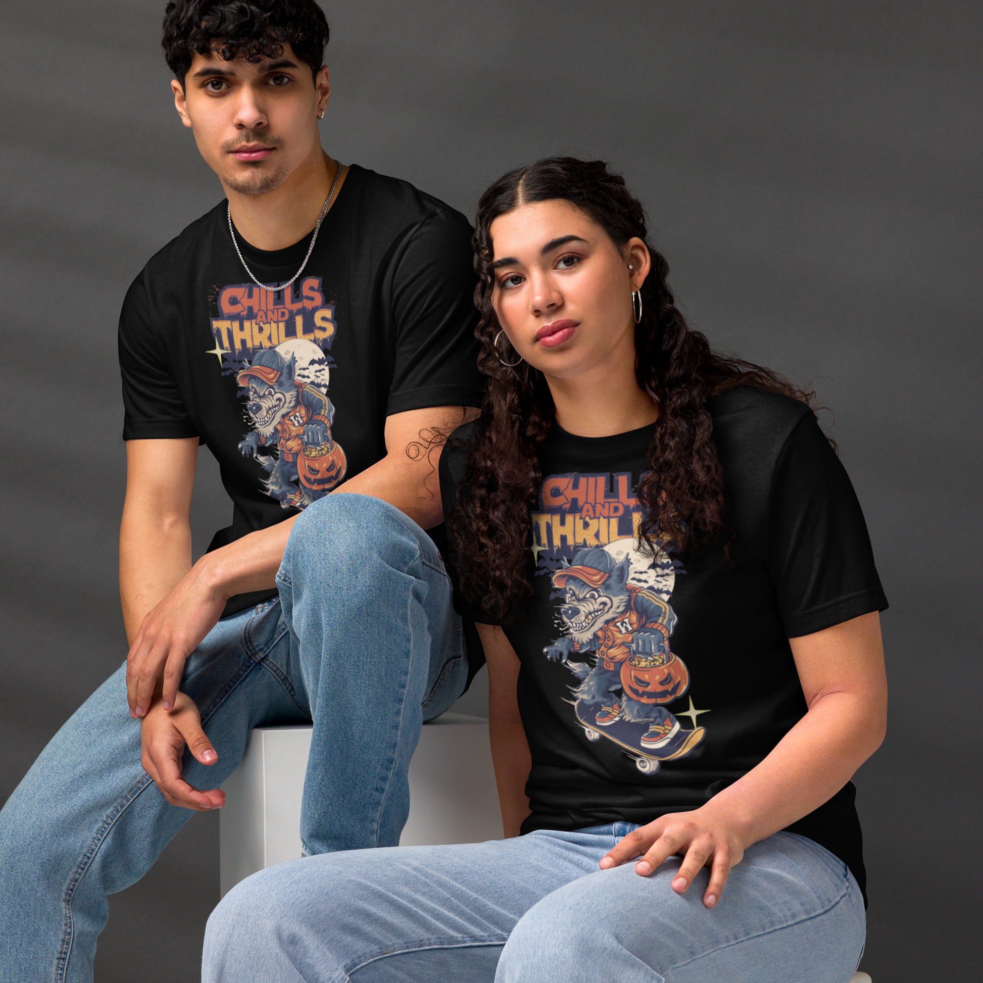Unisex eco friendly t-shirt by PJ Designs featuring a Halloween-themed graphic for festive wear