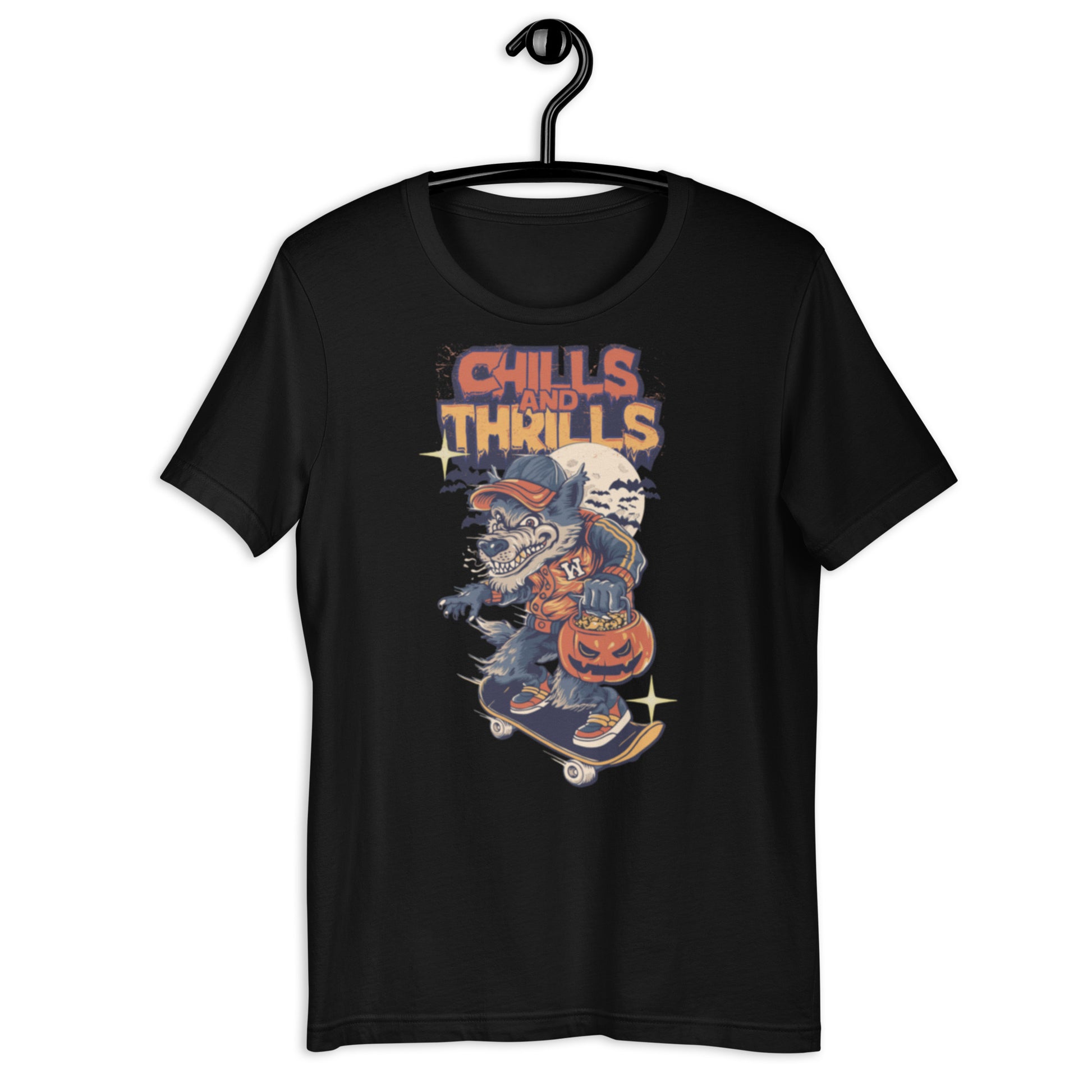 Black unisex eco friendly t-shirt featuring a colorful Halloween graphic with a monster skateboarding