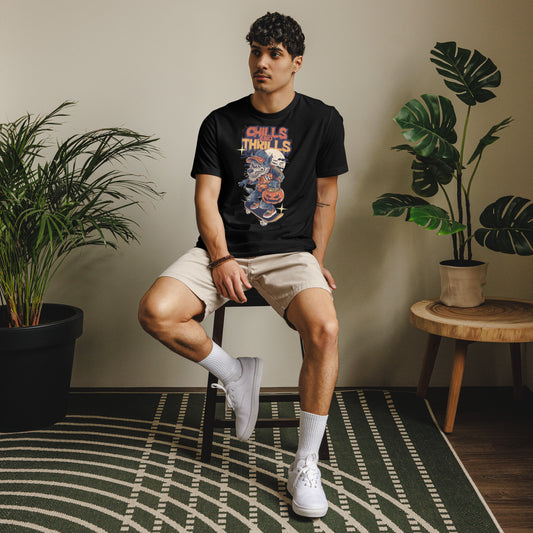 Unisex eco friendly t-shirt featuring a playful Halloween graphic design on a model sitting indoors