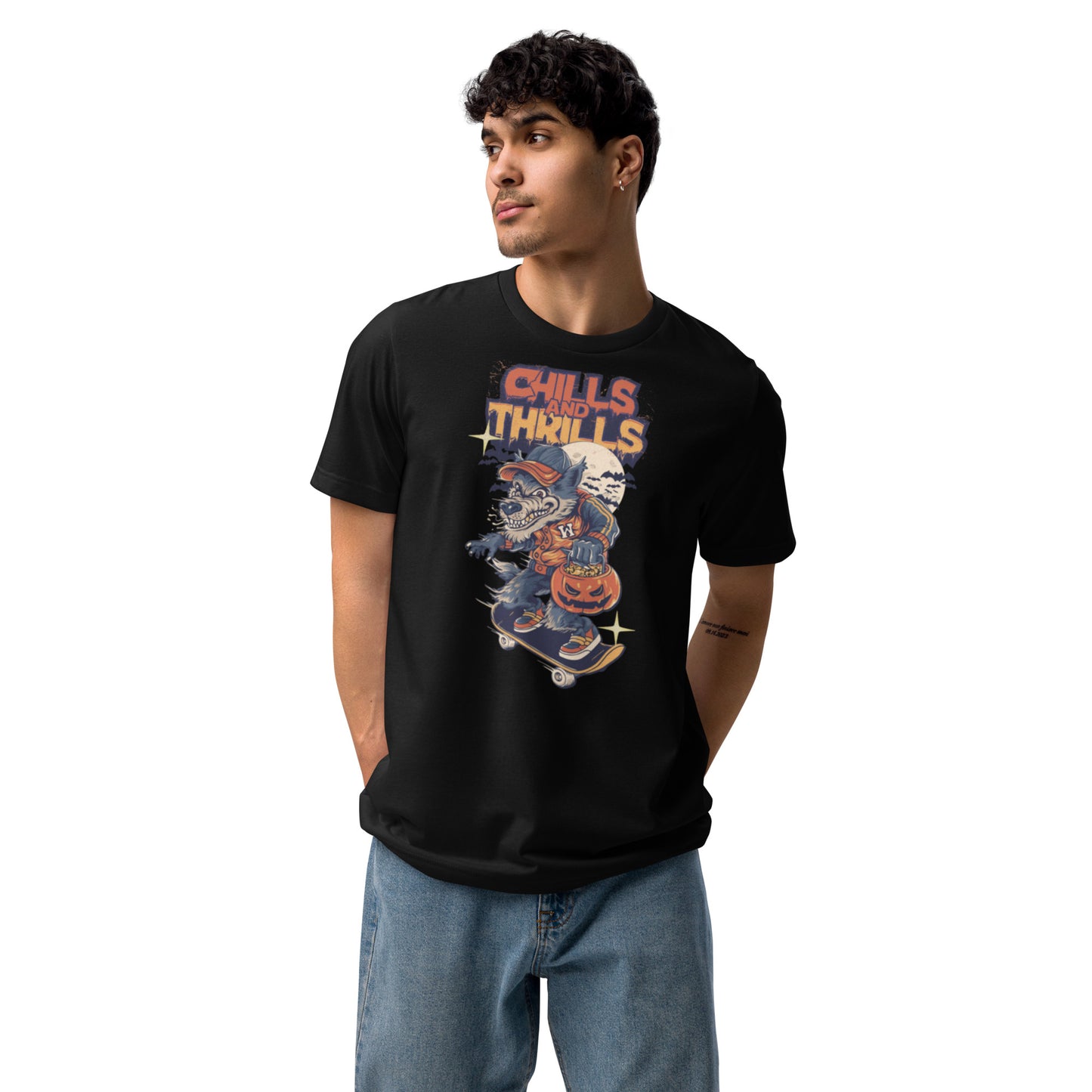 Black unisex eco friendly t-shirt featuring a graphic design of a skateboarder with pumpkins