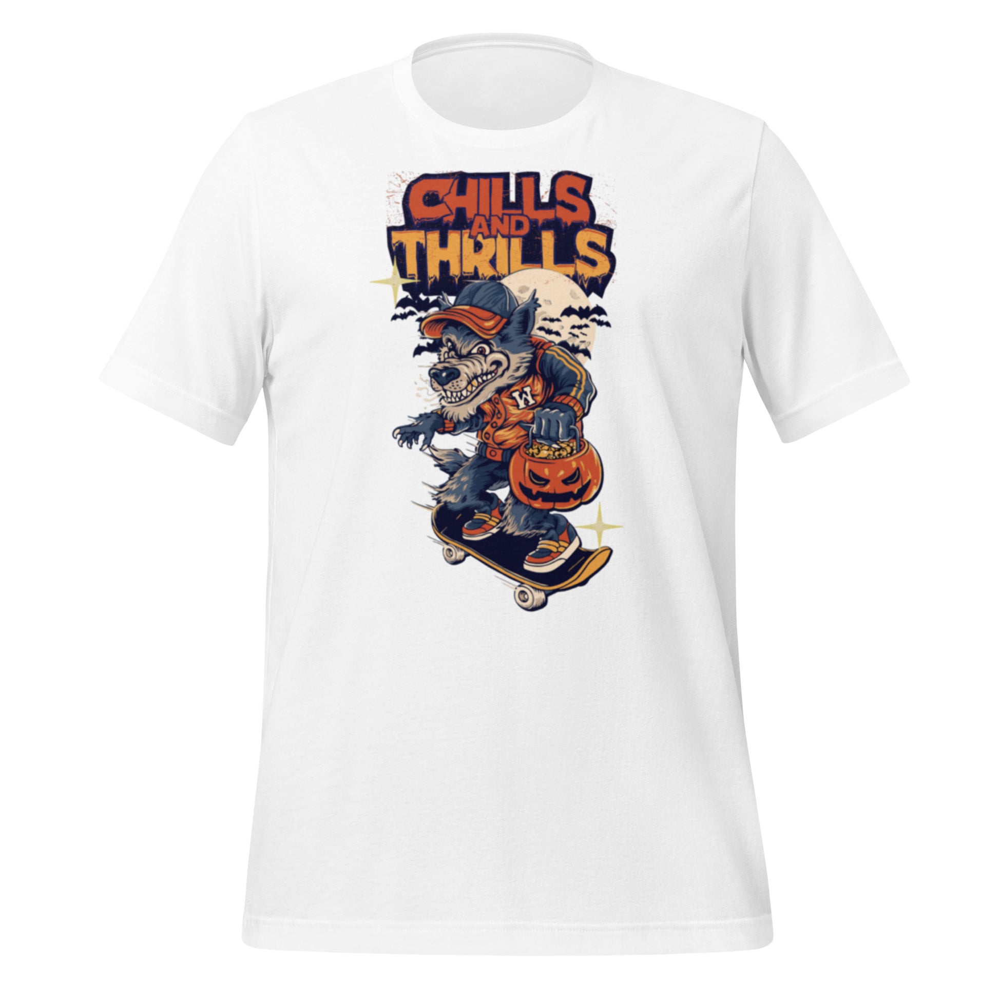 PJ Designs Unisex Eco Friendly T-Shirt featuring a Halloween skateboard design with chills and thrills