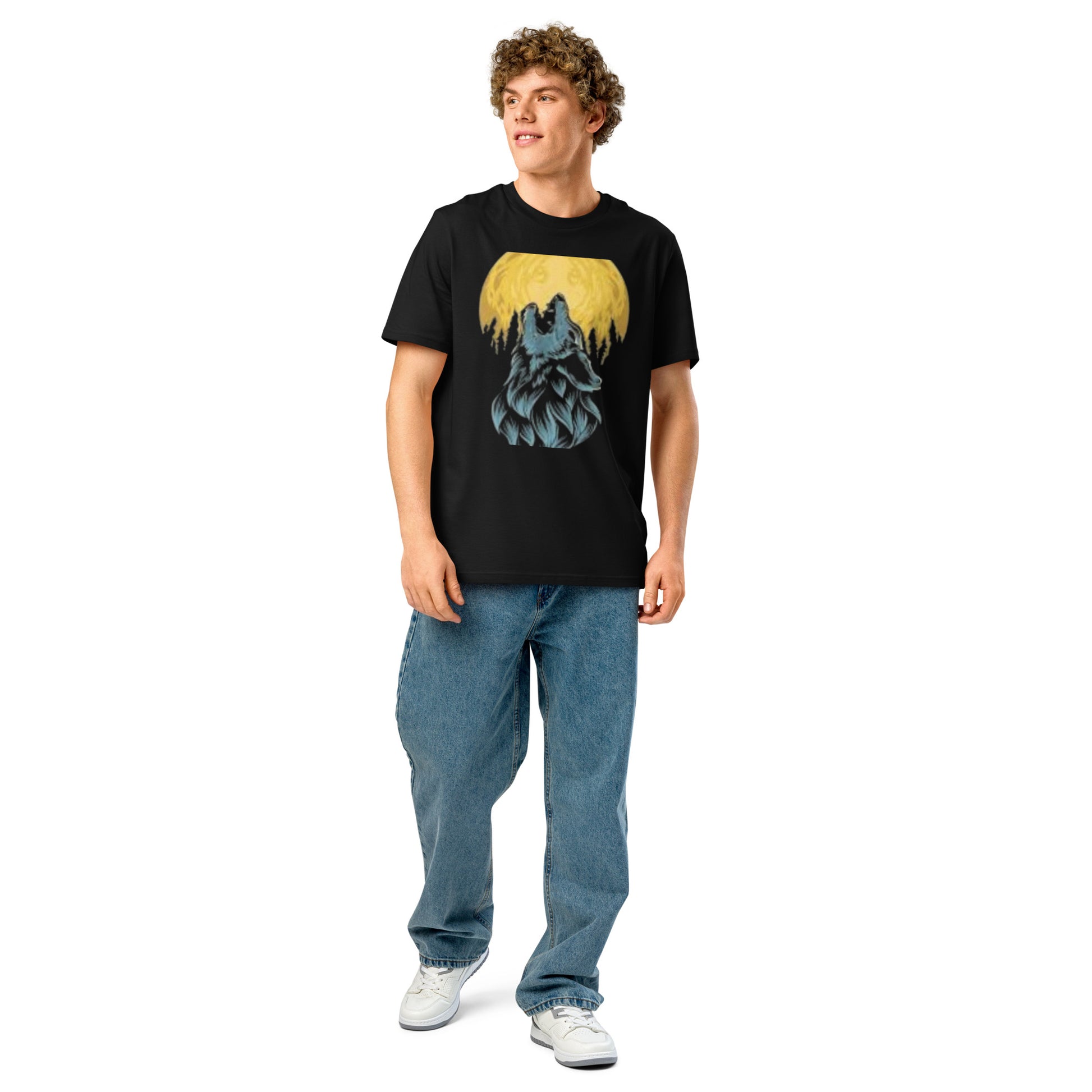 Model wearing a PJ Designs unisex organic ribbed neck t-shirt in black with a unique graphic print