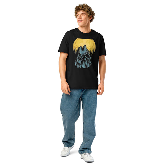 Model wearing a PJ Designs unisex organic ribbed neck t-shirt in black with a unique graphic print