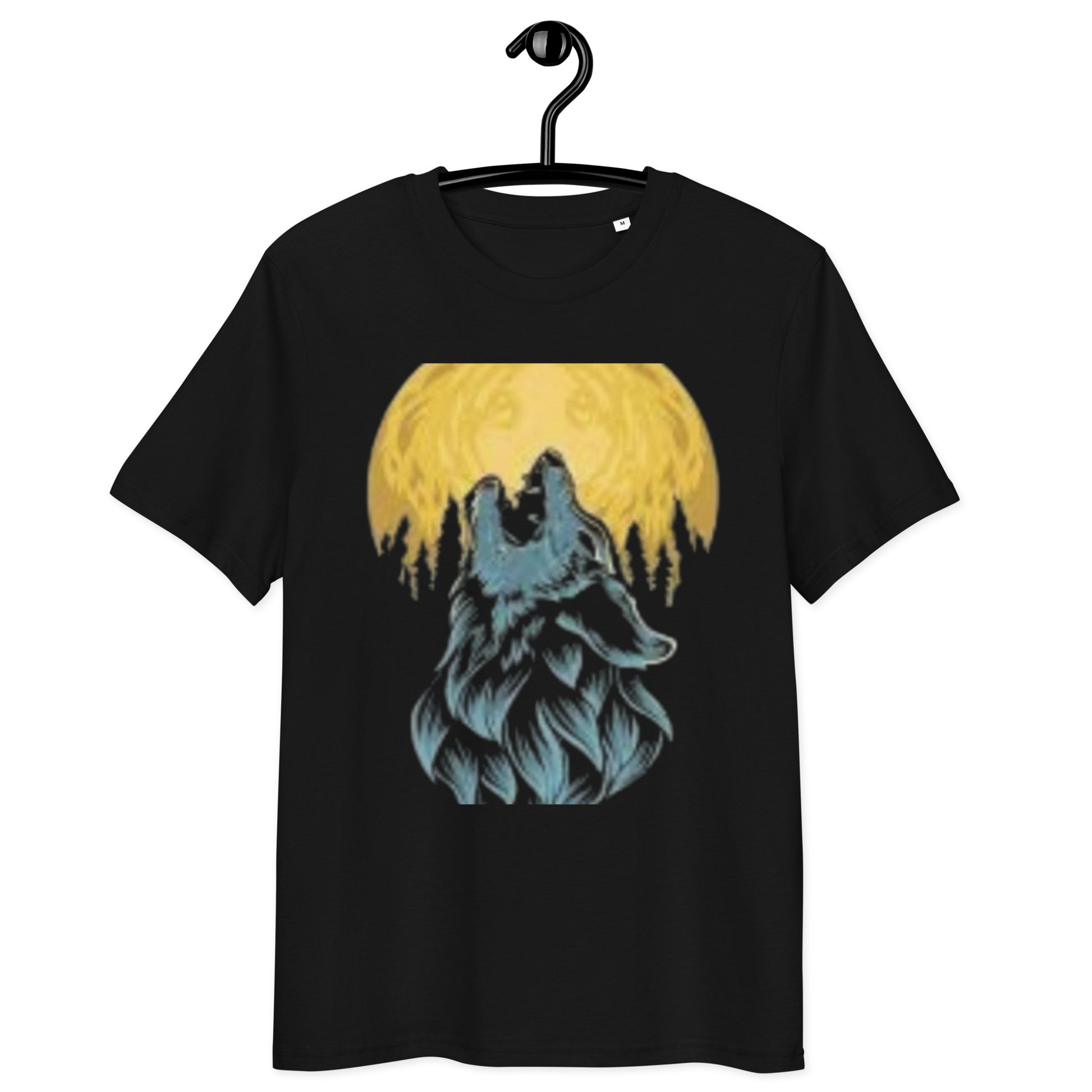 Black unisex organic ribbed neck t-shirt featuring a wolf design under a full moon