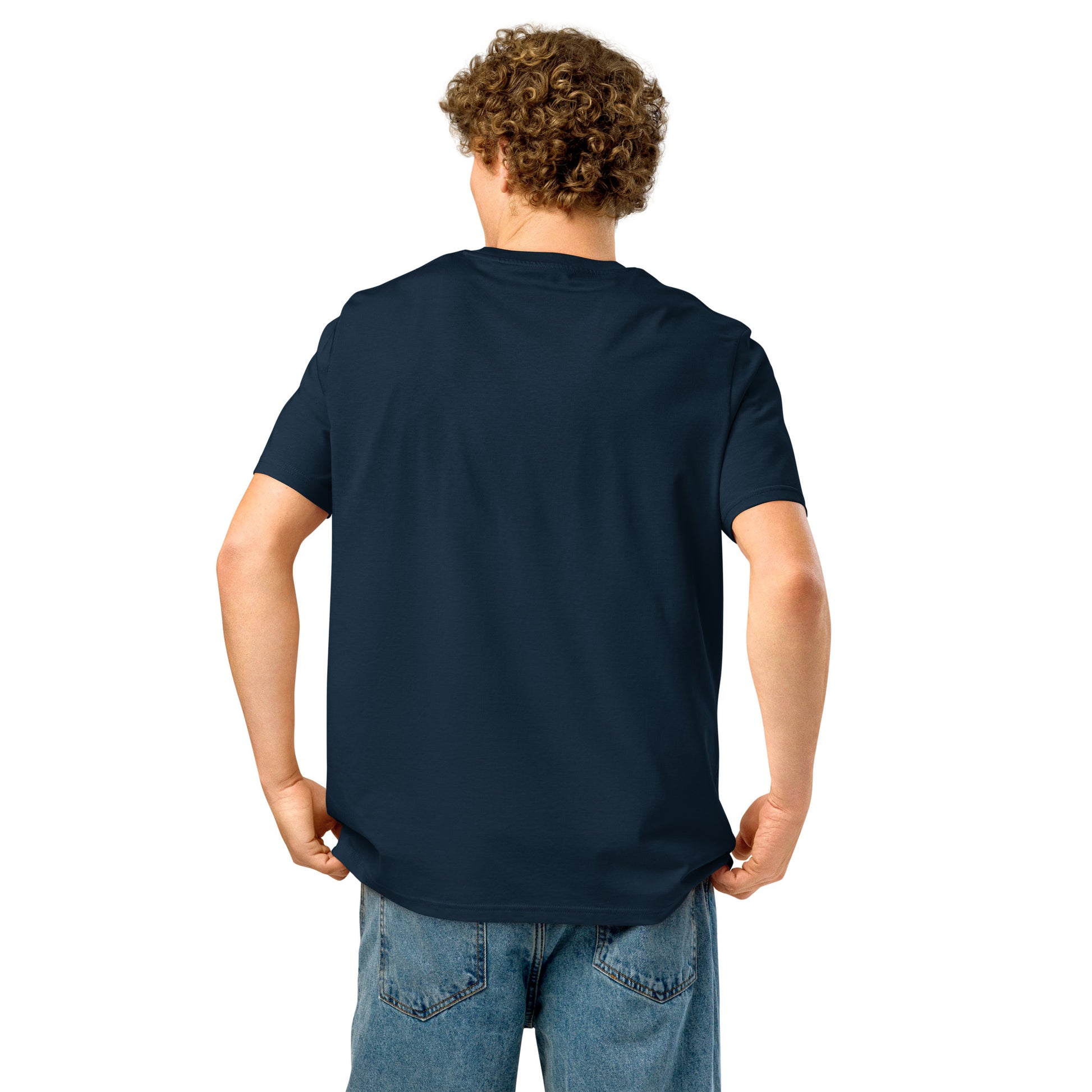 Back view of a navy blue unisex organic ribbed neck t-shirt for comfortable casual wear