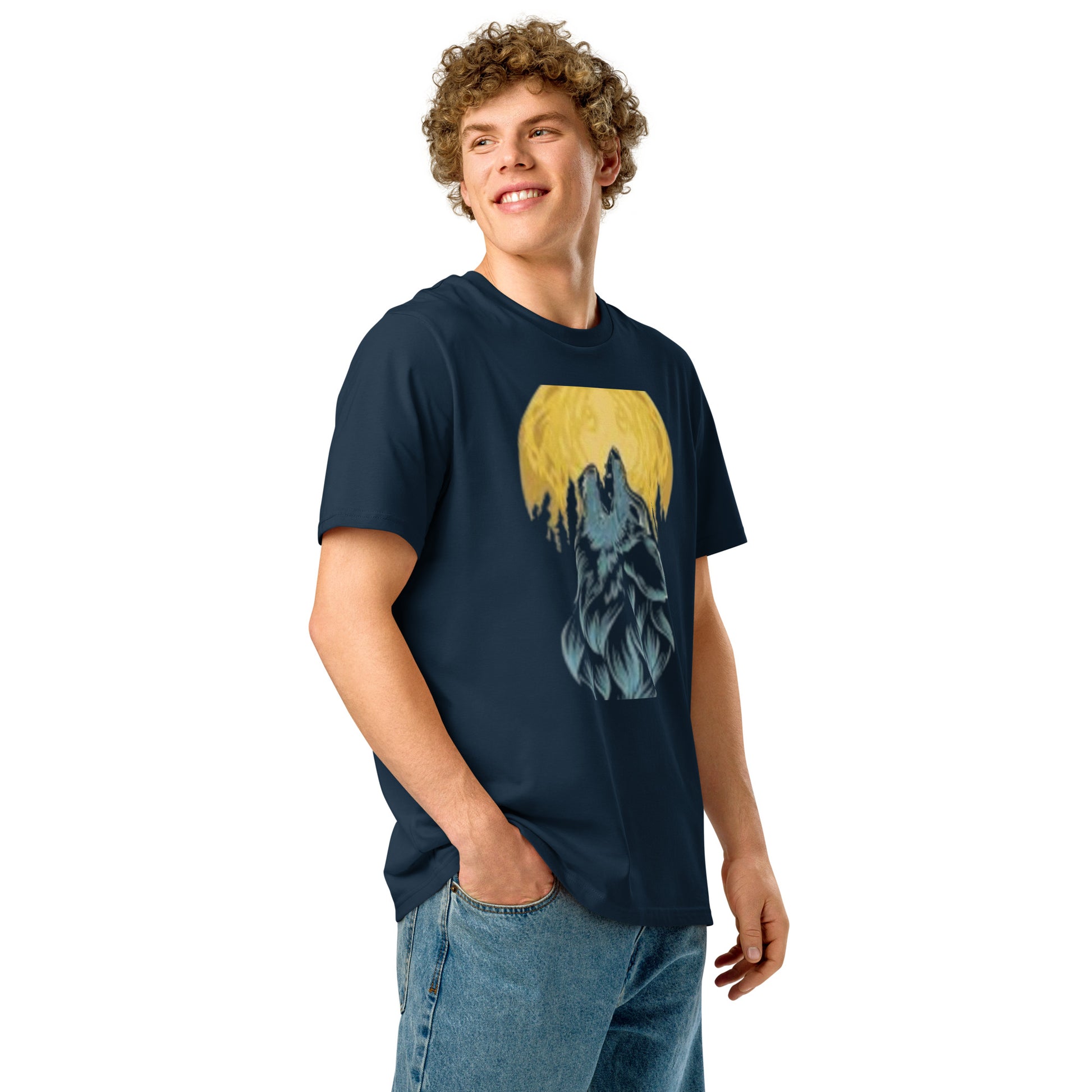 Stylish PJ Designs unisex organic ribbed neck t-shirt featuring a wolf graphic against a yellow background