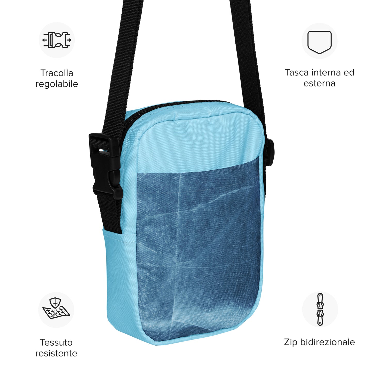 PJ Designs unisex streetwear bag in blue with adjustable strap and durable fabric