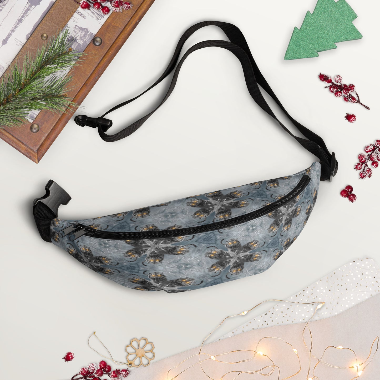 PJ Designs unisex streetwear fanny pack with all over prints in blue and black floral pattern