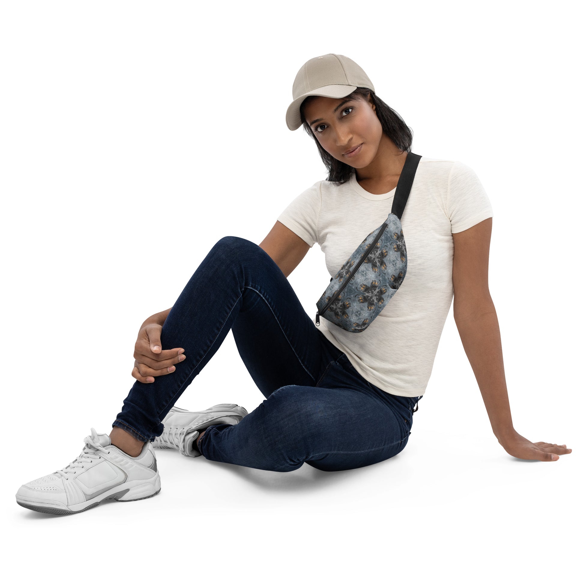 Woman wearing PJ Designs unisex streetwear fanny pack with all over print paired with casual outfit