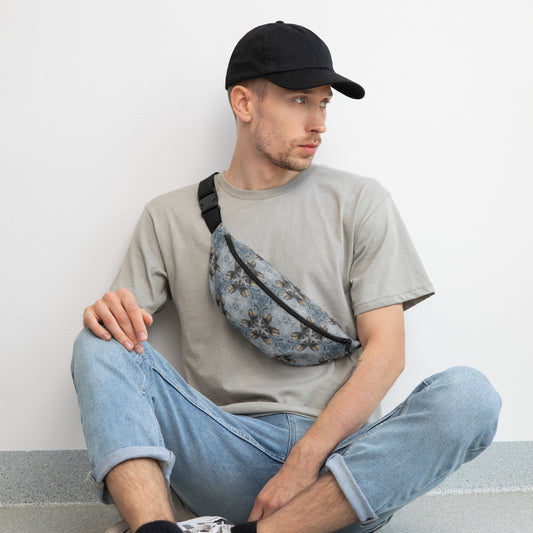 PJ Designs unisex streetwear fanny pack with floral all over prints worn by man in casual outfit