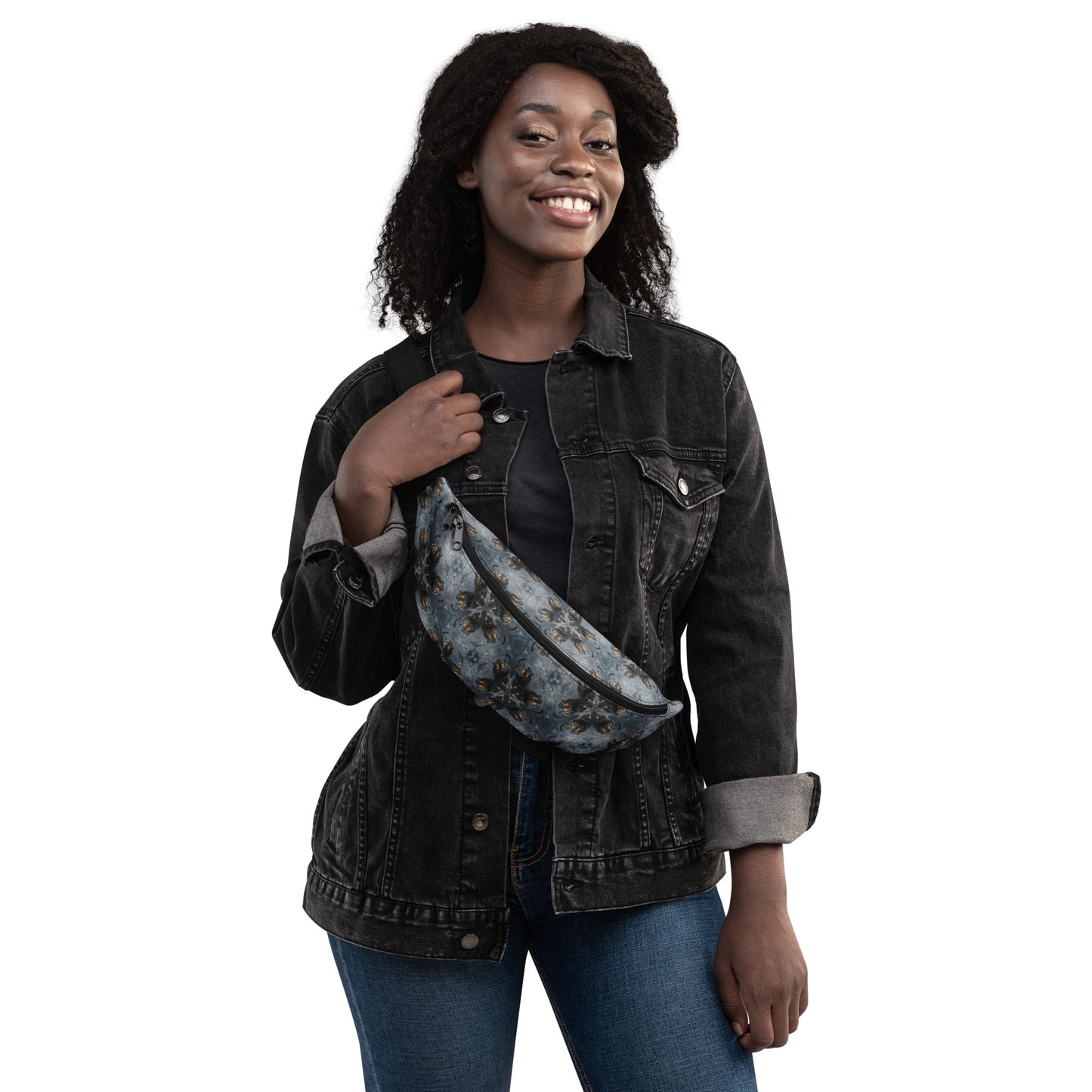 Woman wearing PJ Designs unisex streetwear fanny pack with all over prints and black denim jacket